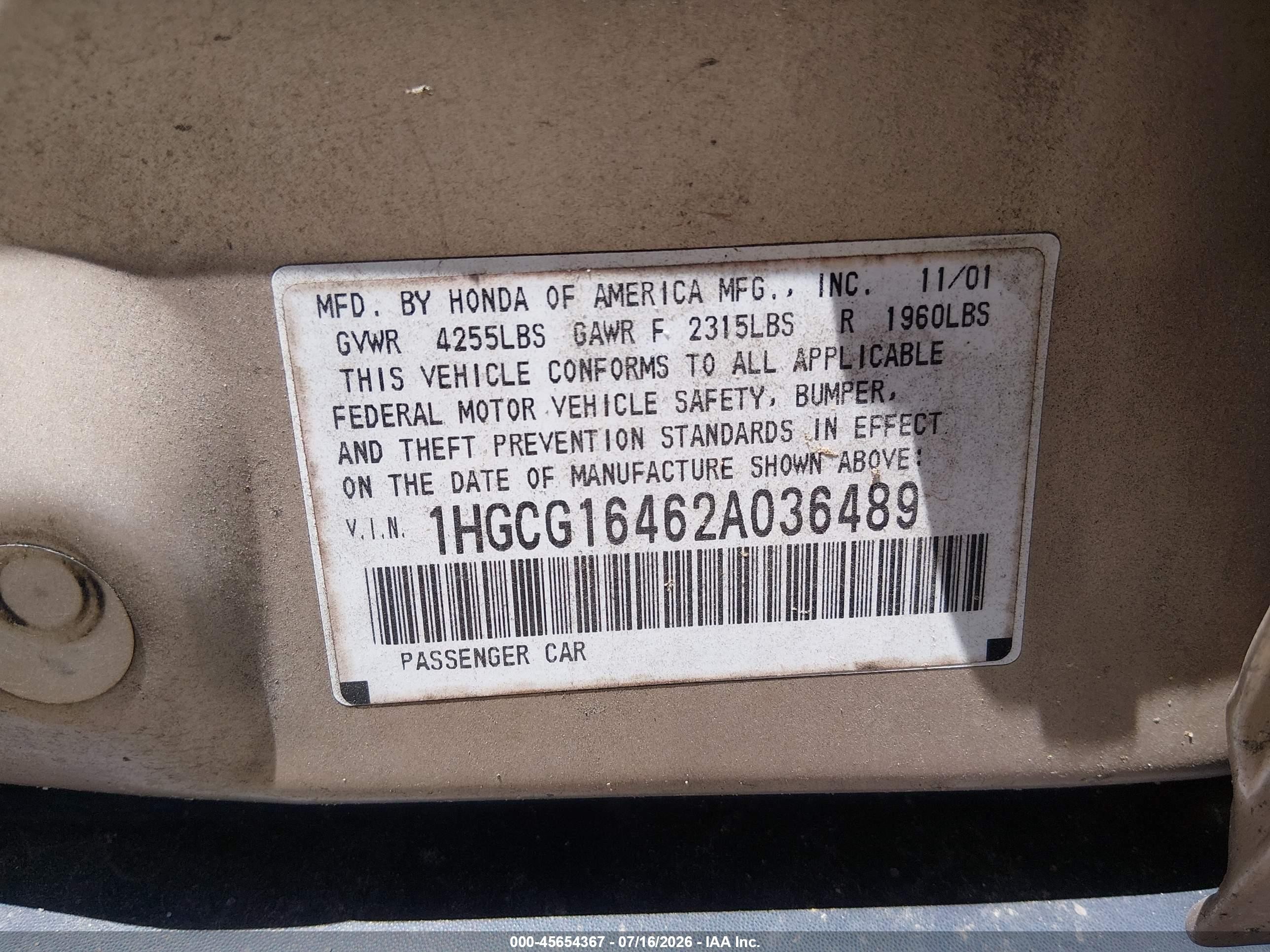 2002 Honda Accord 3.0 Lx Бежевый vin: 1HGCG16462A036489