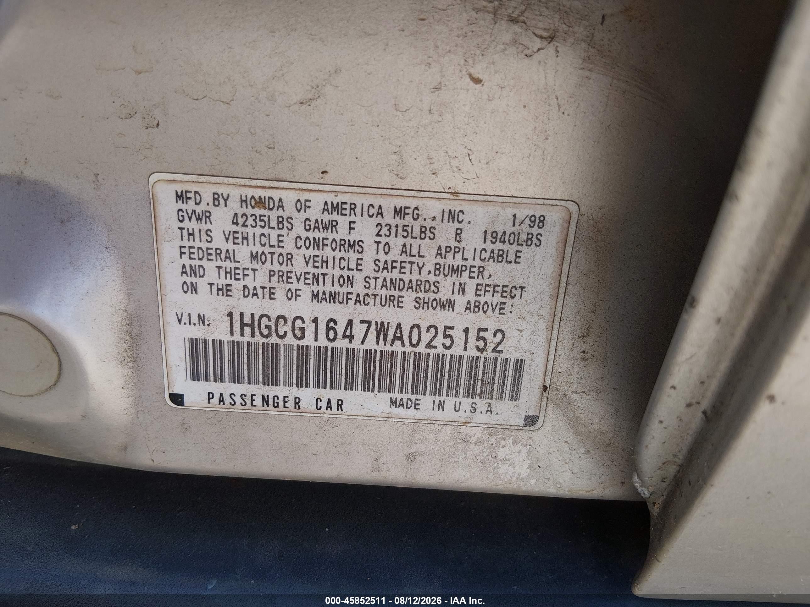 1998 Honda Accord Lx V6 Gray vin: 1HGCG1647WA025152