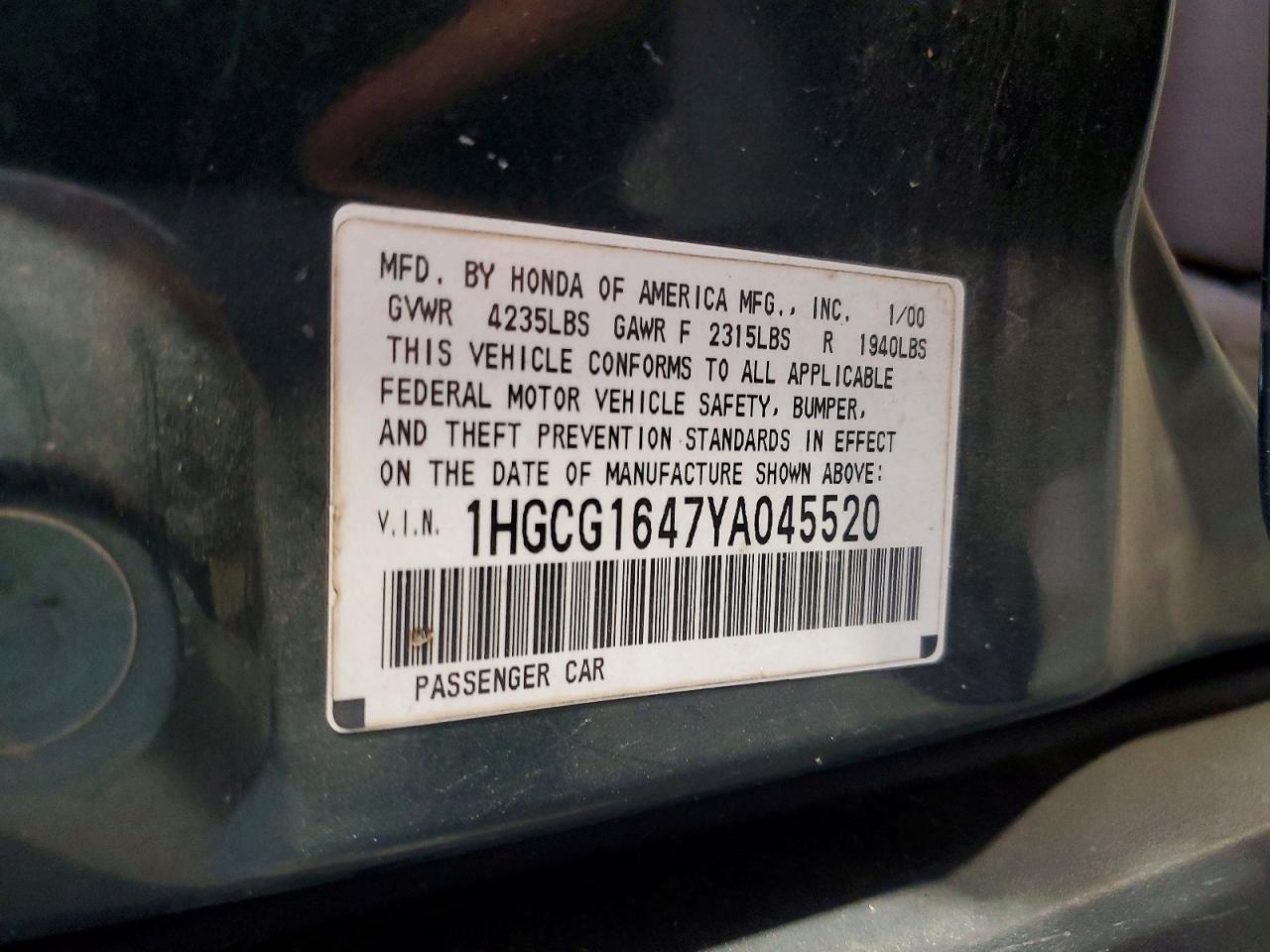 2000 Honda Accord Lx Green vin: 1HGCG1647YA045520