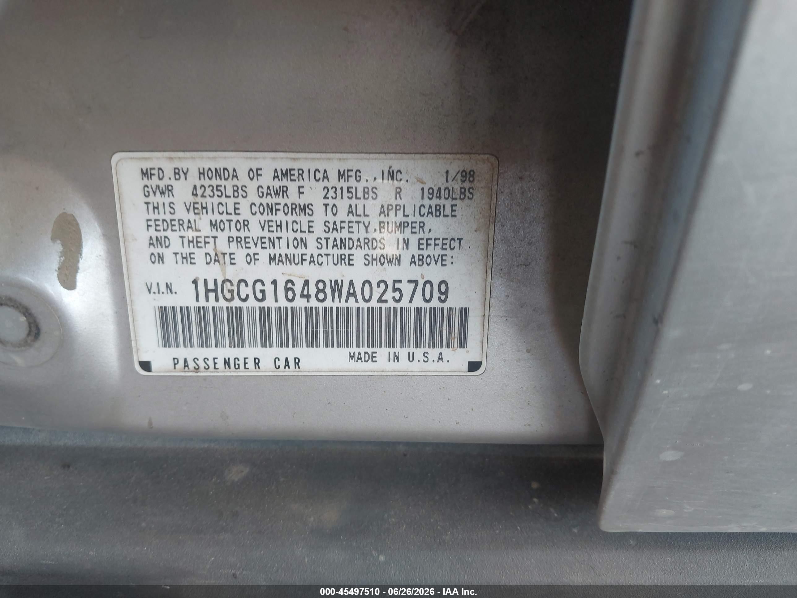 1998 Honda Accord Lx V6 Gray vin: 1HGCG1648WA025709