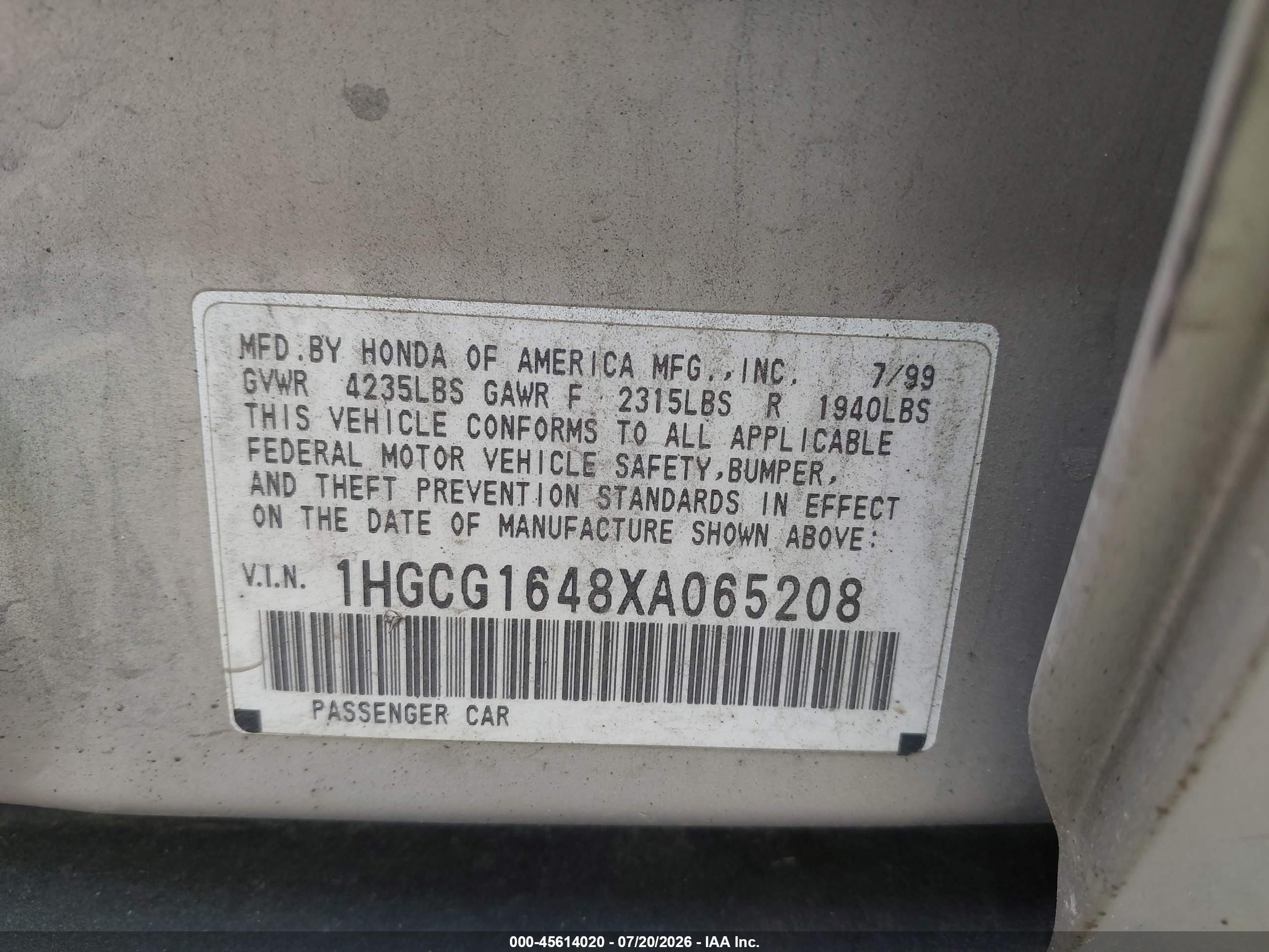 1999 Honda Accord Lx V6 Серебряный vin: 1HGCG1648XA065208