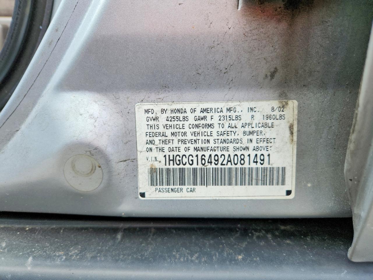 2002 Honda Accord Lx Gray vin: 1HGCG16492A081491
