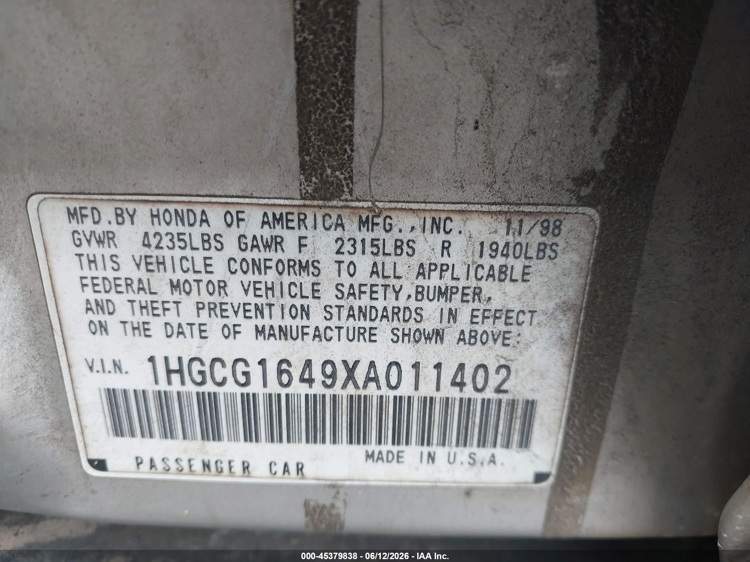 1999 Honda Accord Lx V6 Серебряный vin: 1HGCG1649XA011402