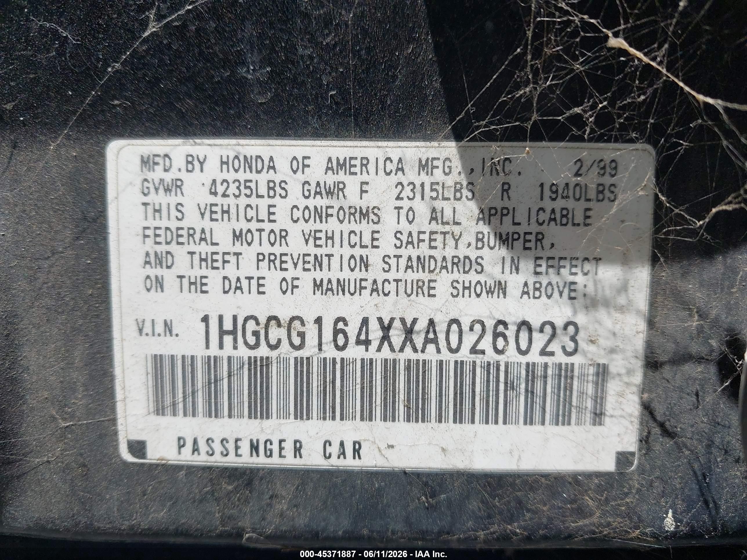 1999 Honda Accord Lx V6 Черный vin: 1HGCG164XXA026023