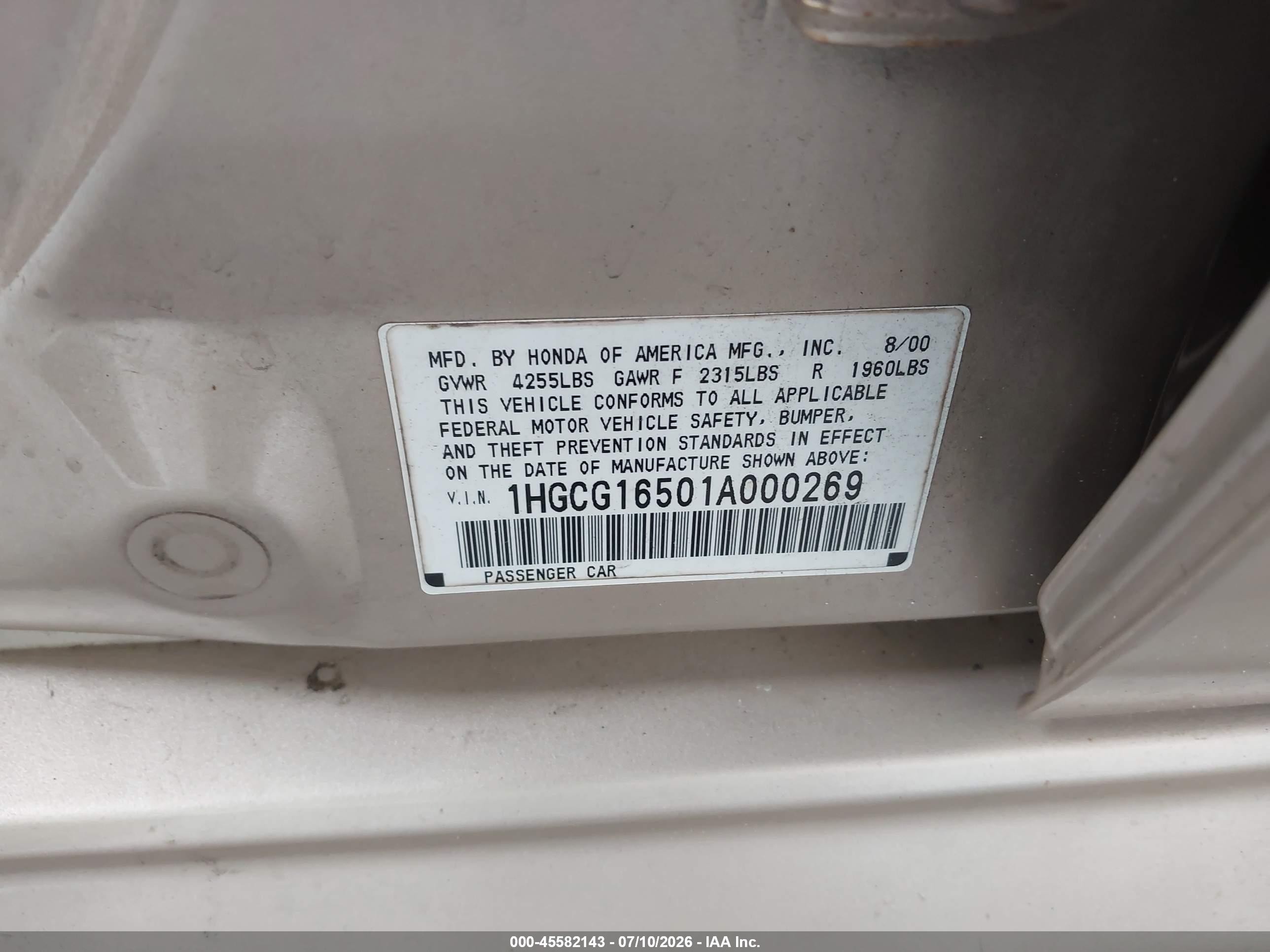 2001 Honda Accord 3.0 Ex Gold vin: 1HGCG16501A000269