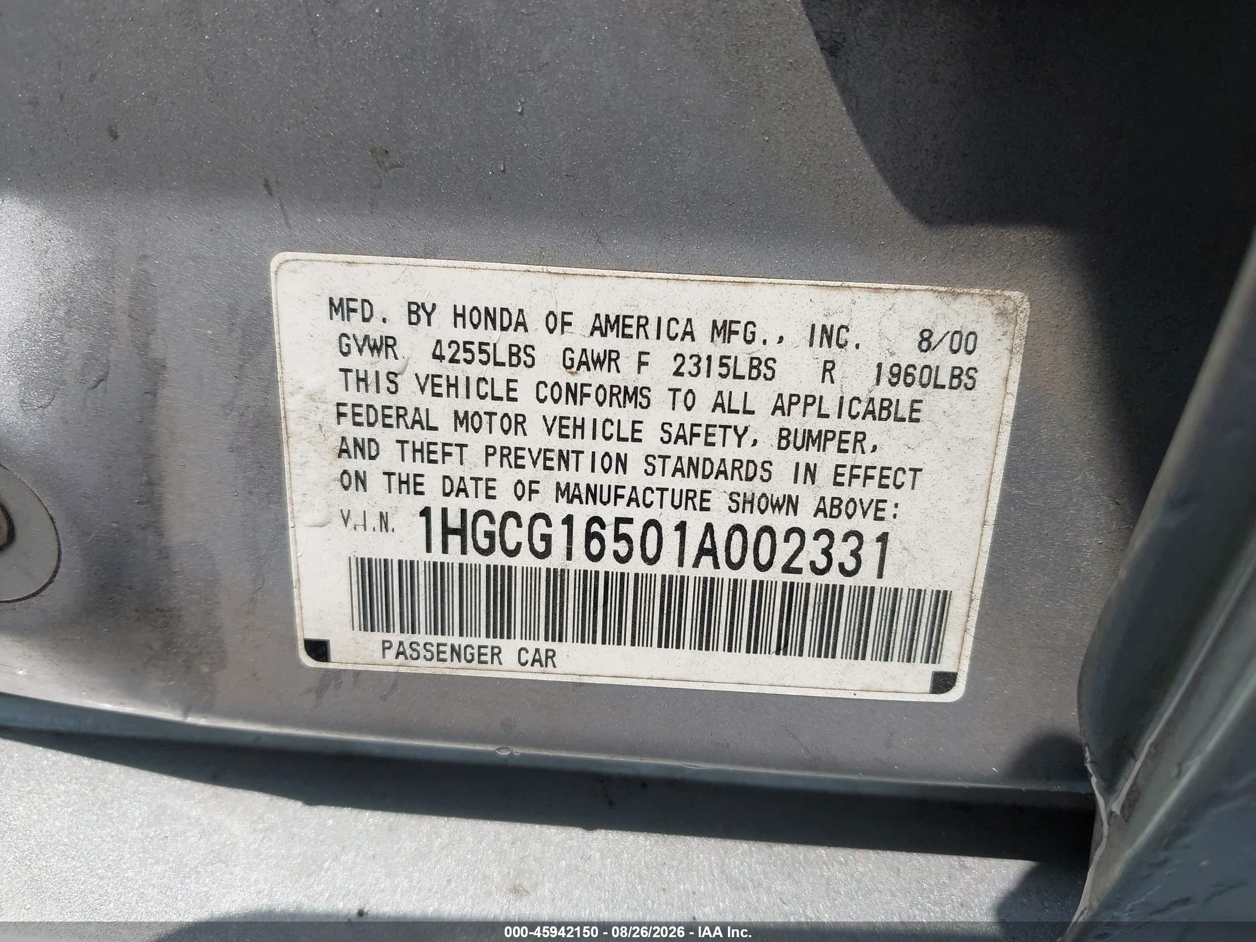 2001 Honda Accord 3.0 Ex Silver vin: 1HGCG16501A002331