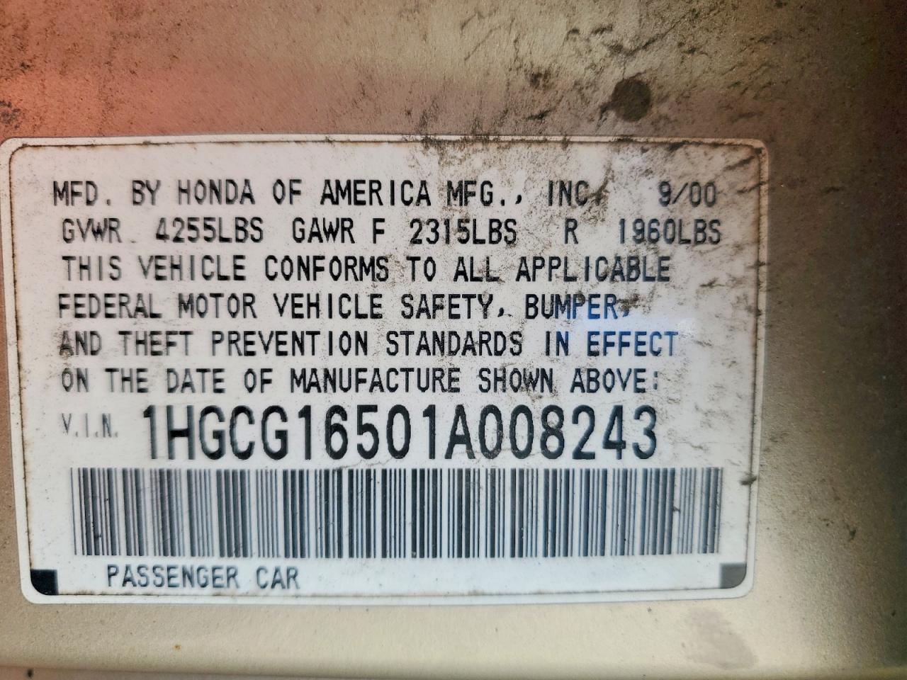 2001 Honda Accord Ex Gold vin: 1HGCG16501A008243