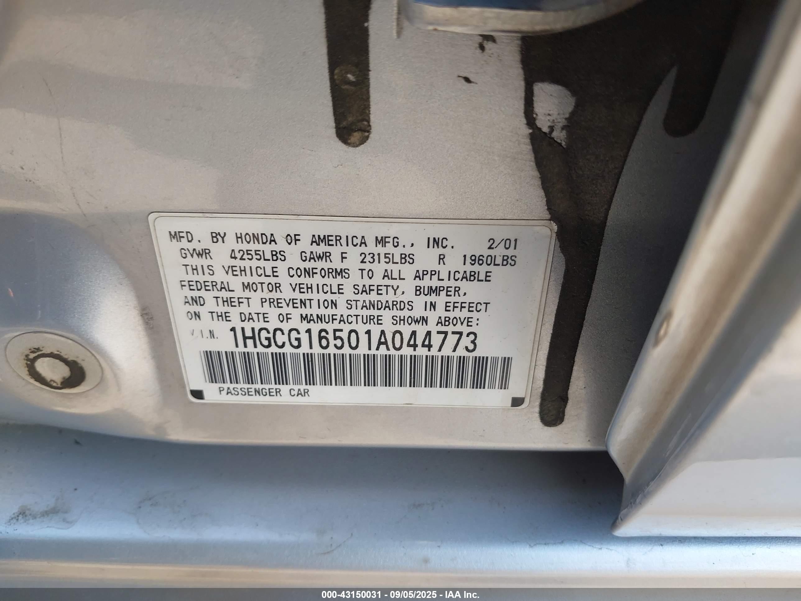 2001 Honda Accord 3.0 Ex Silver vin: 1HGCG16501A044773