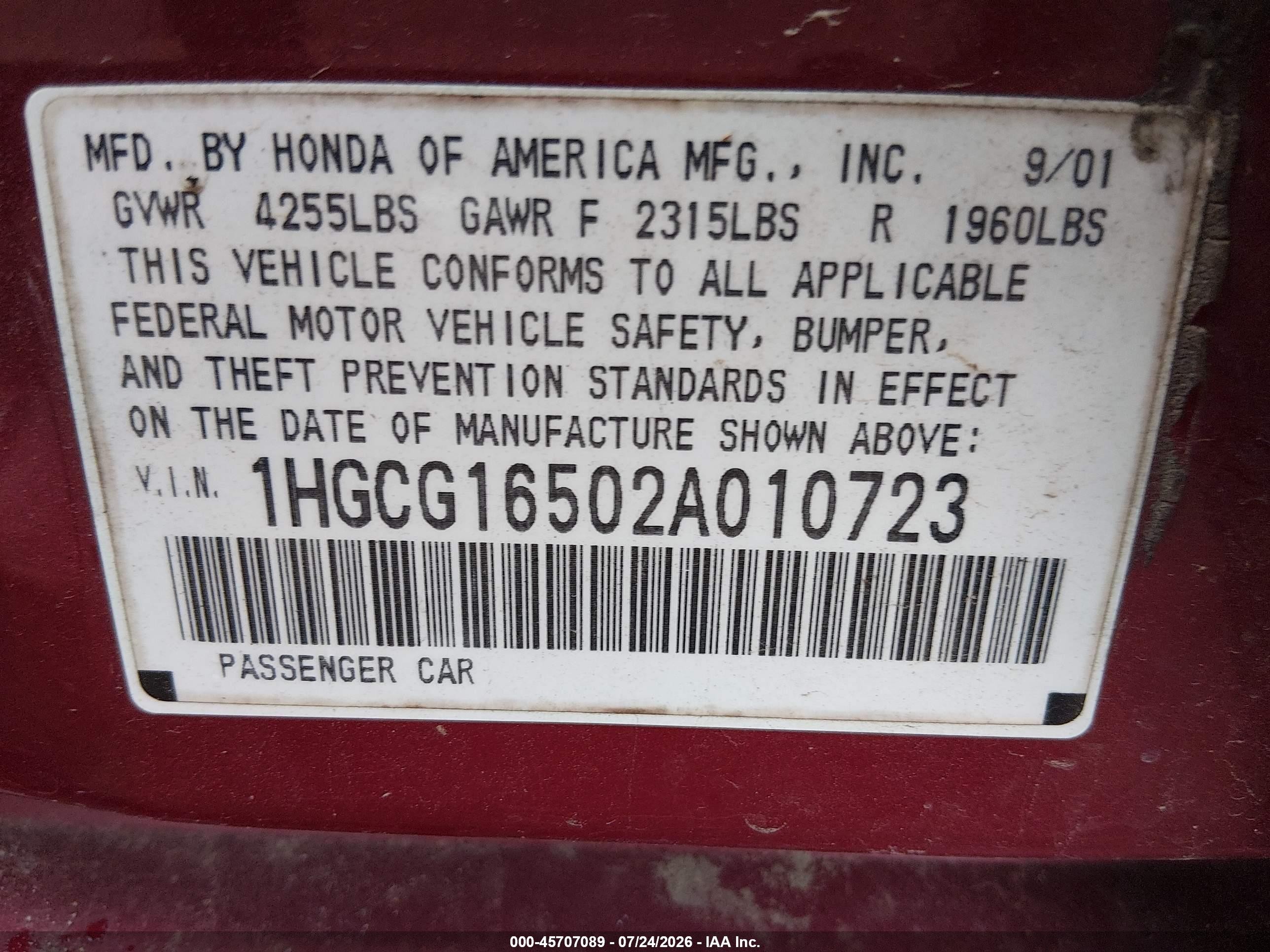 2002 Honda Accord 3.0 Ex Red vin: 1HGCG16502A010723