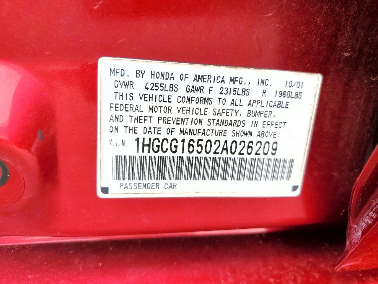 2002 Honda Accord Ex Red vin: 1HGCG16502A026209