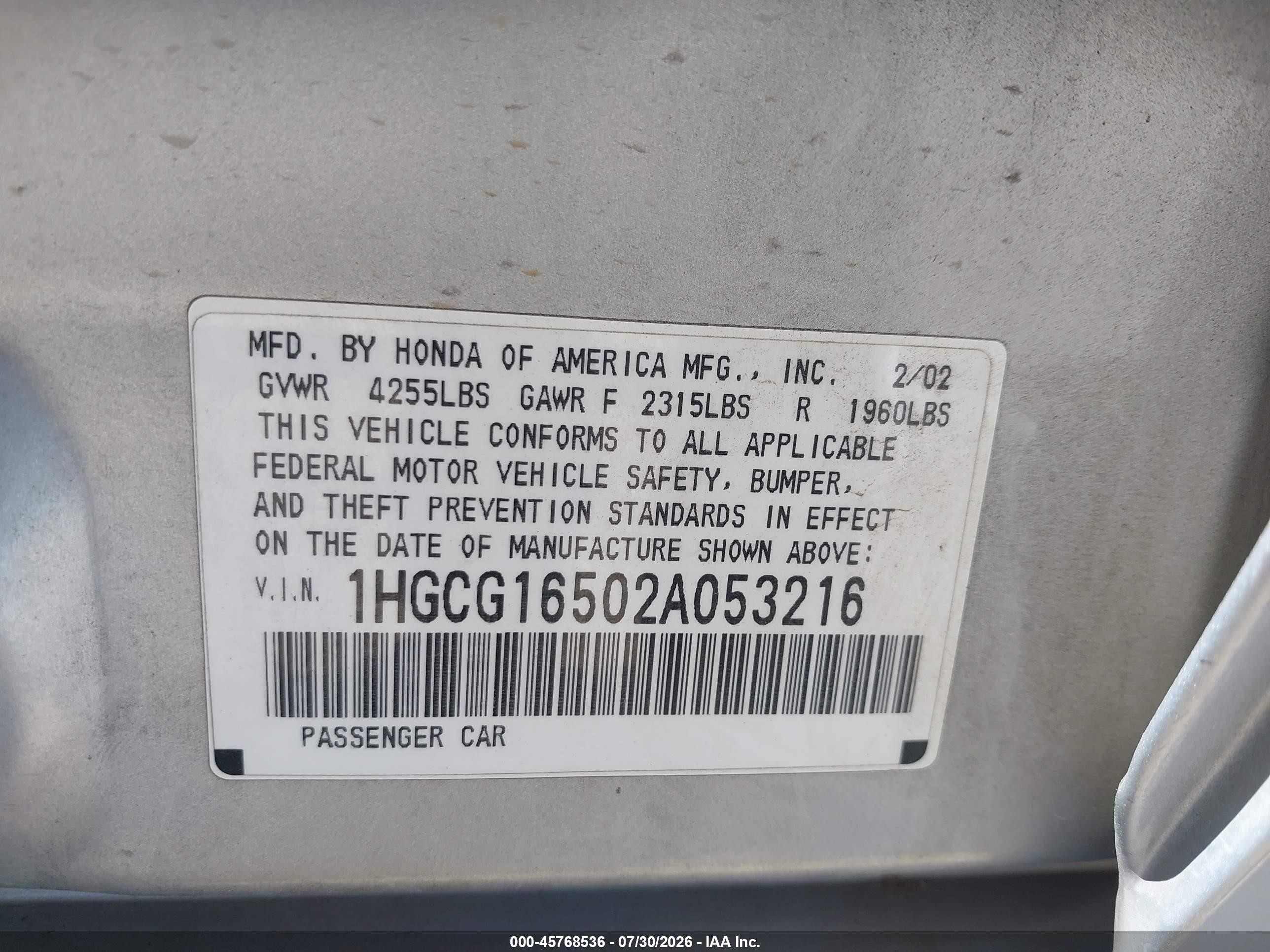 2002 Honda Accord 3.0 Ex Silver vin: 1HGCG16502A053216