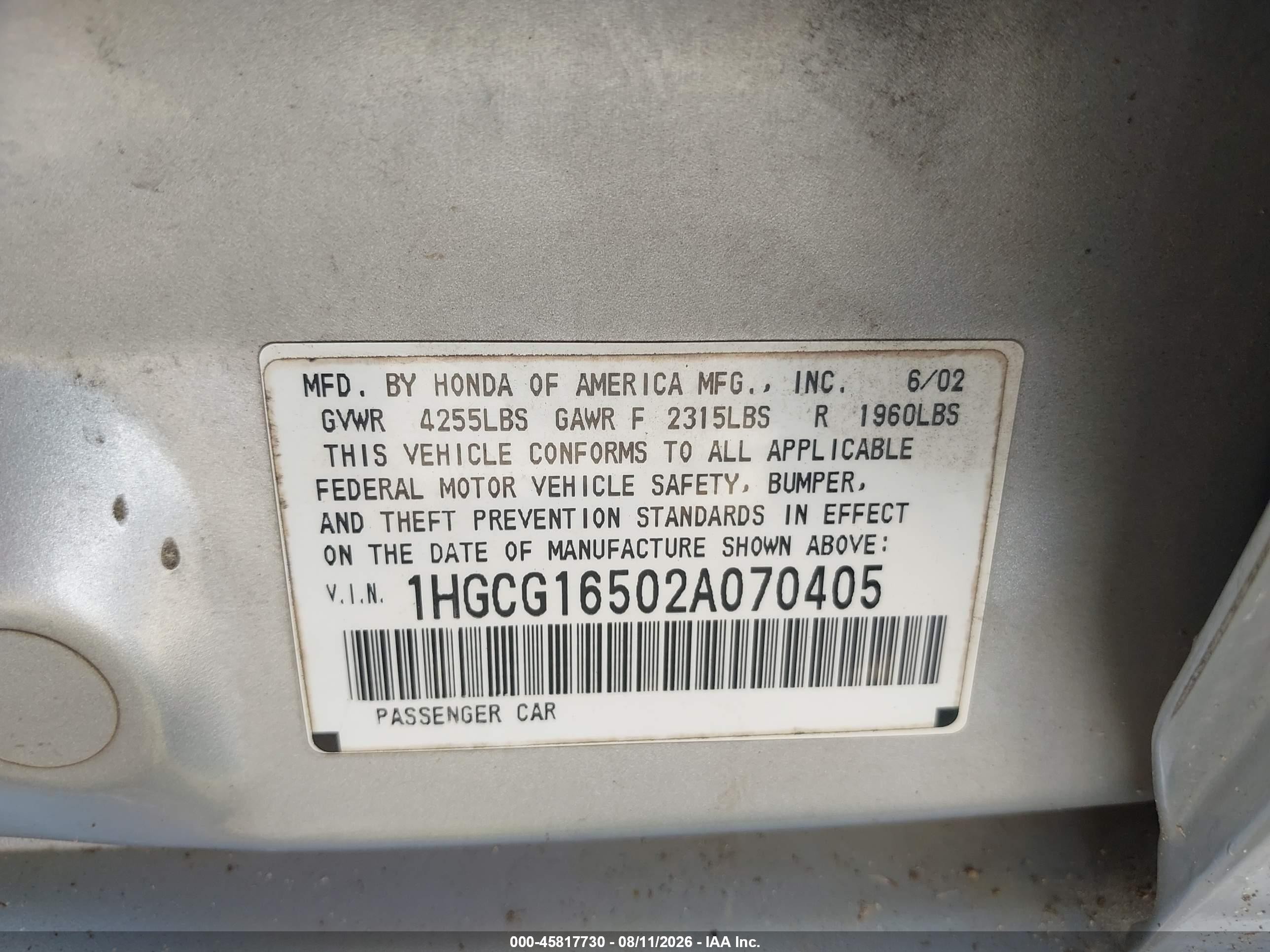 2002 Honda Accord 3.0 Ex Silver vin: 1HGCG16502A070405
