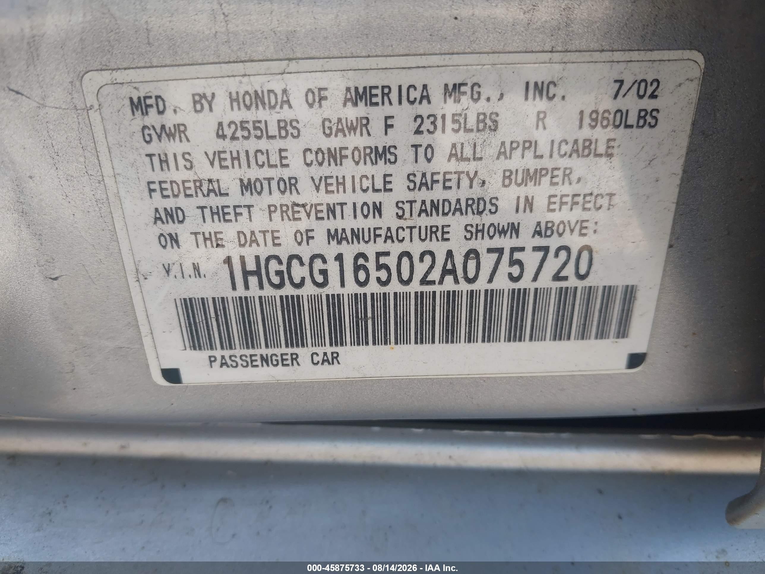 2002 Honda Accord 3.0 Ex Silver vin: 1HGCG16502A075720