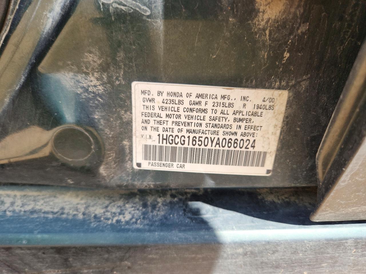 2000 Honda Accord Ex Green vin: 1HGCG1650YA066024