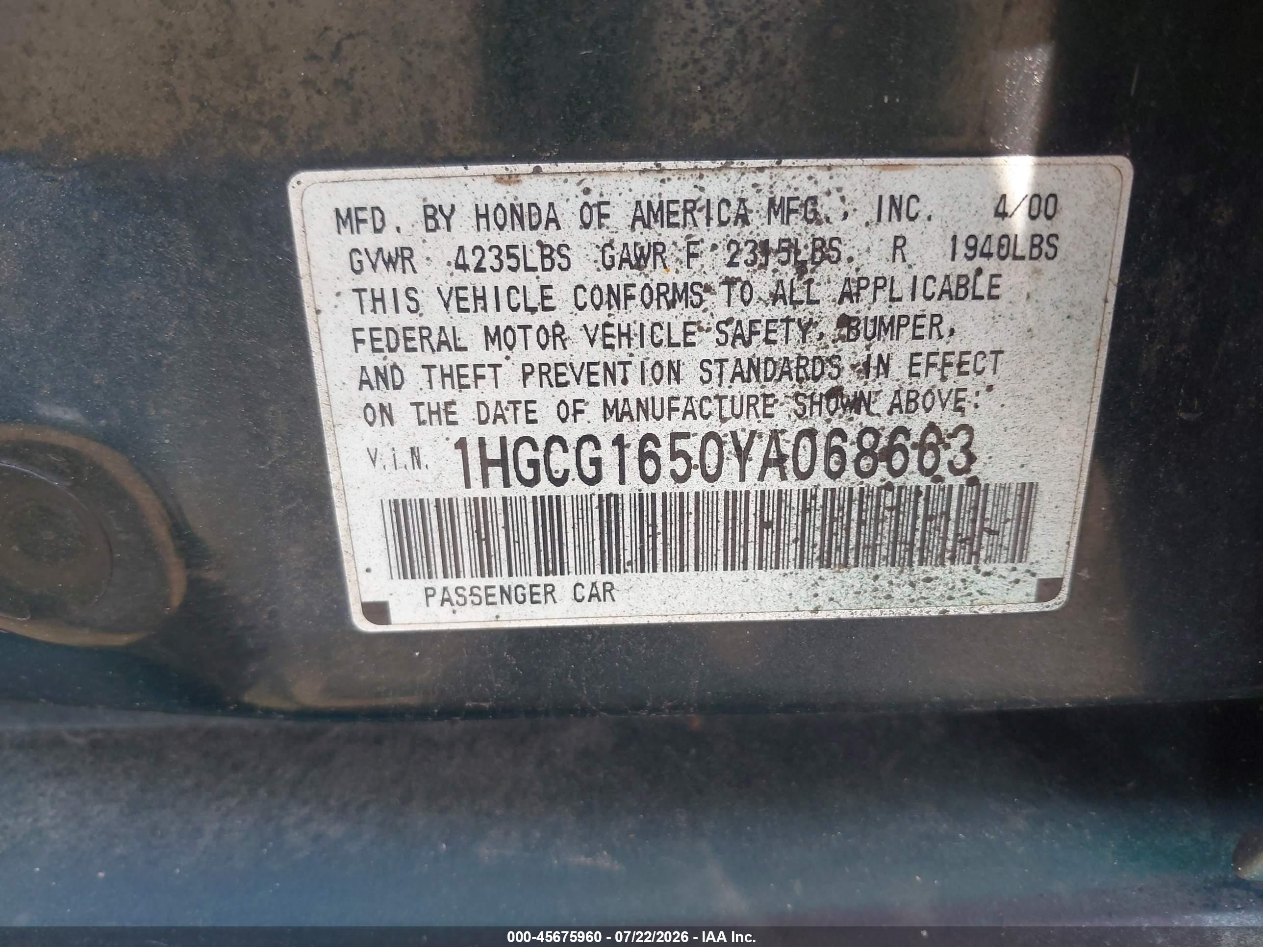 2000 Honda Accord 3.0 Ex Green vin: 1HGCG1650YA068663