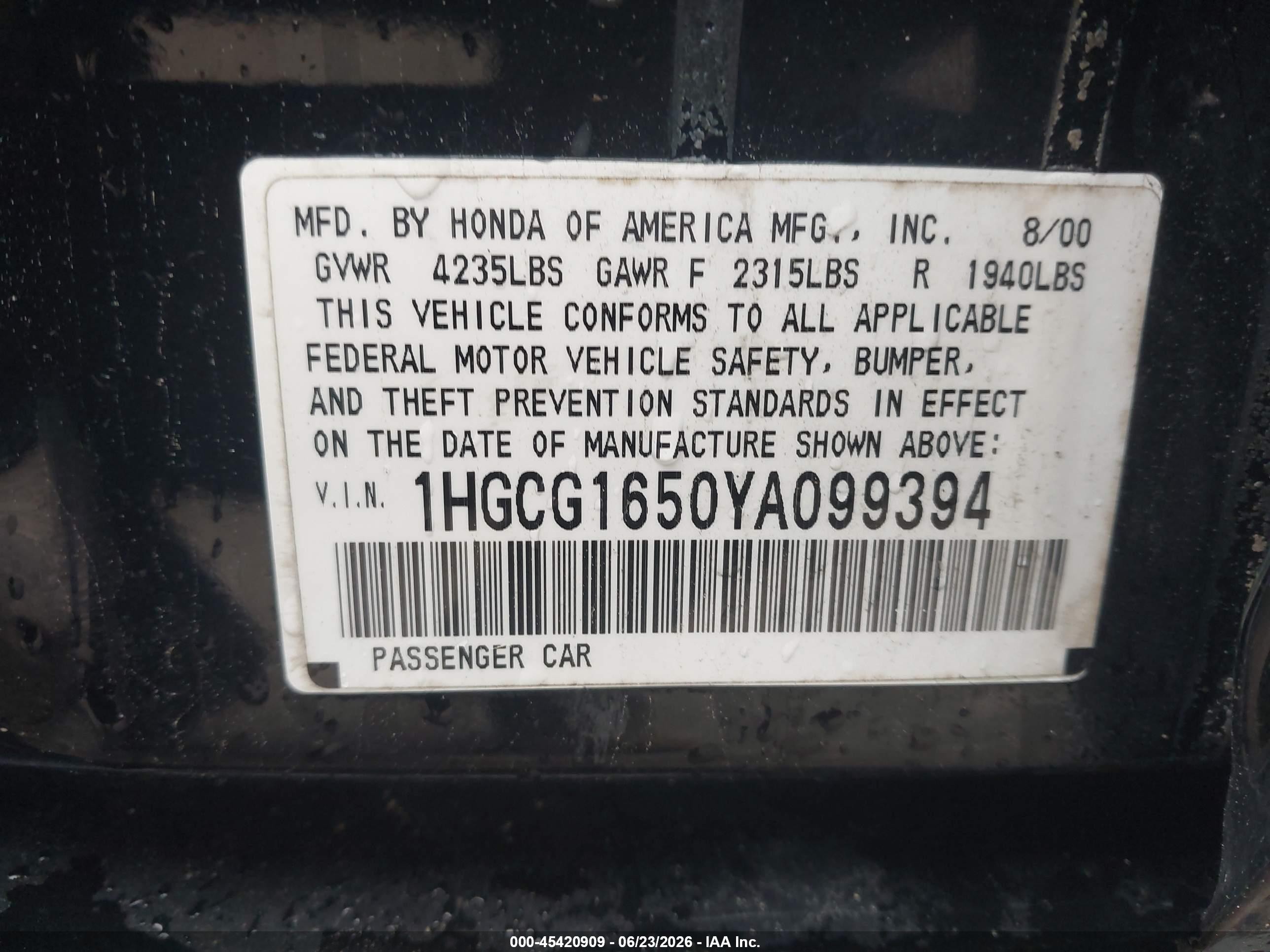 2000 Honda Accord 3.0 Ex Black vin: 1HGCG1650YA099394