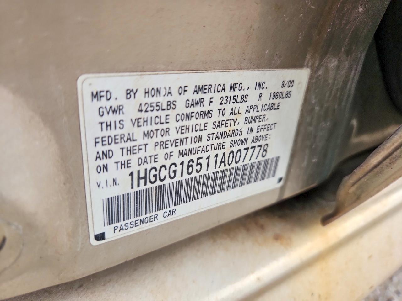 2001 Honda Accord Ex Желто-коричневый vin: 1HGCG16511A007778