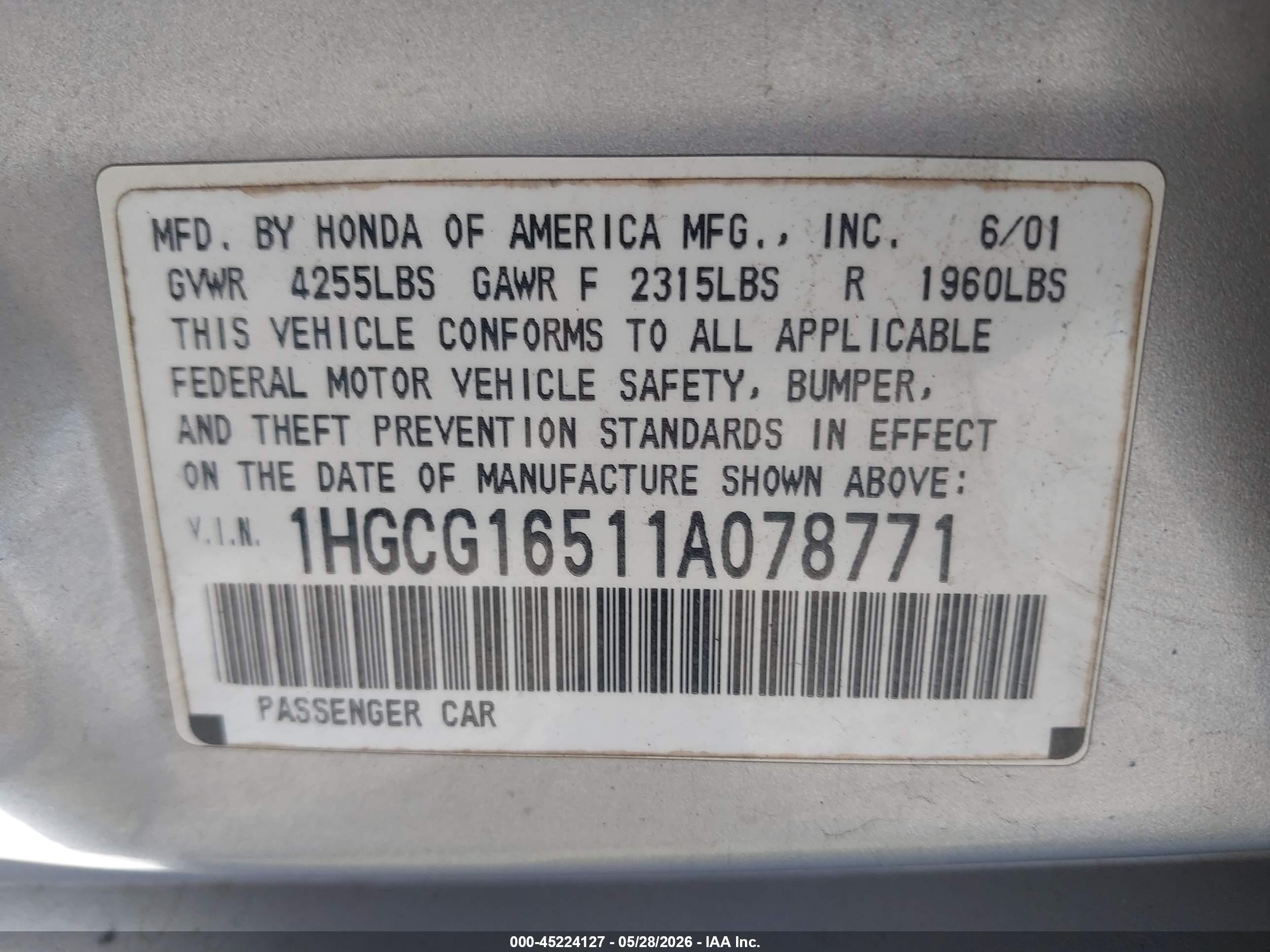 2001 Honda Accord 3.0 Ex Silver vin: 1HGCG16511A078771