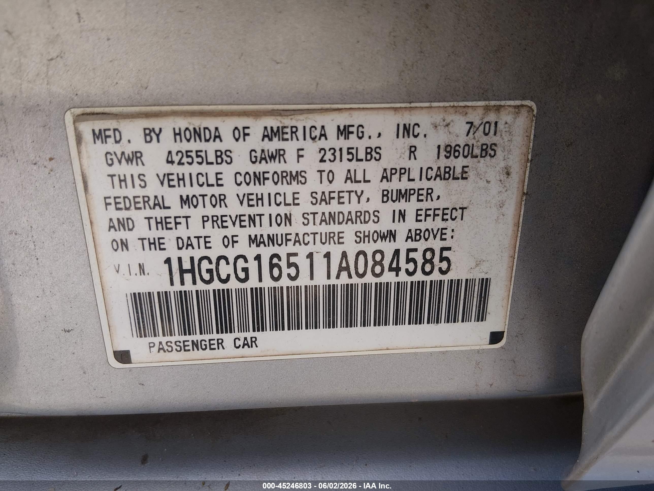 2001 Honda Accord 3.0 Ex Серебряный vin: 1HGCG16511A084585