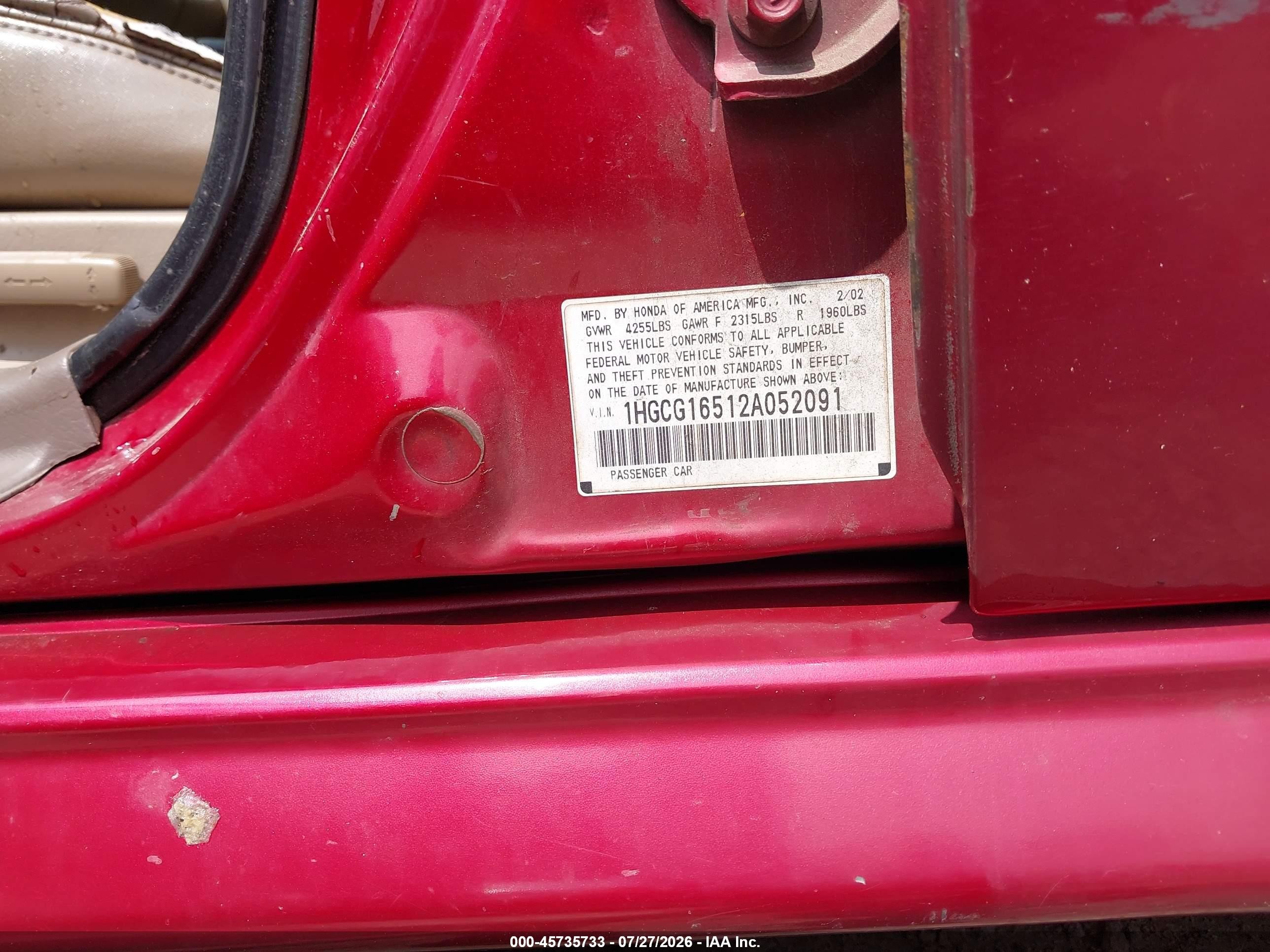 2002 Honda Accord 3.0 Ex Red vin: 1HGCG16512A052091