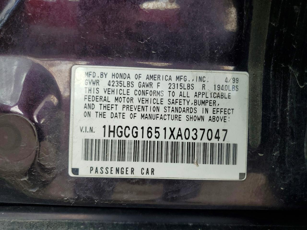 1999 Honda Accord Ex Burgundy vin: 1HGCG1651XA037047
