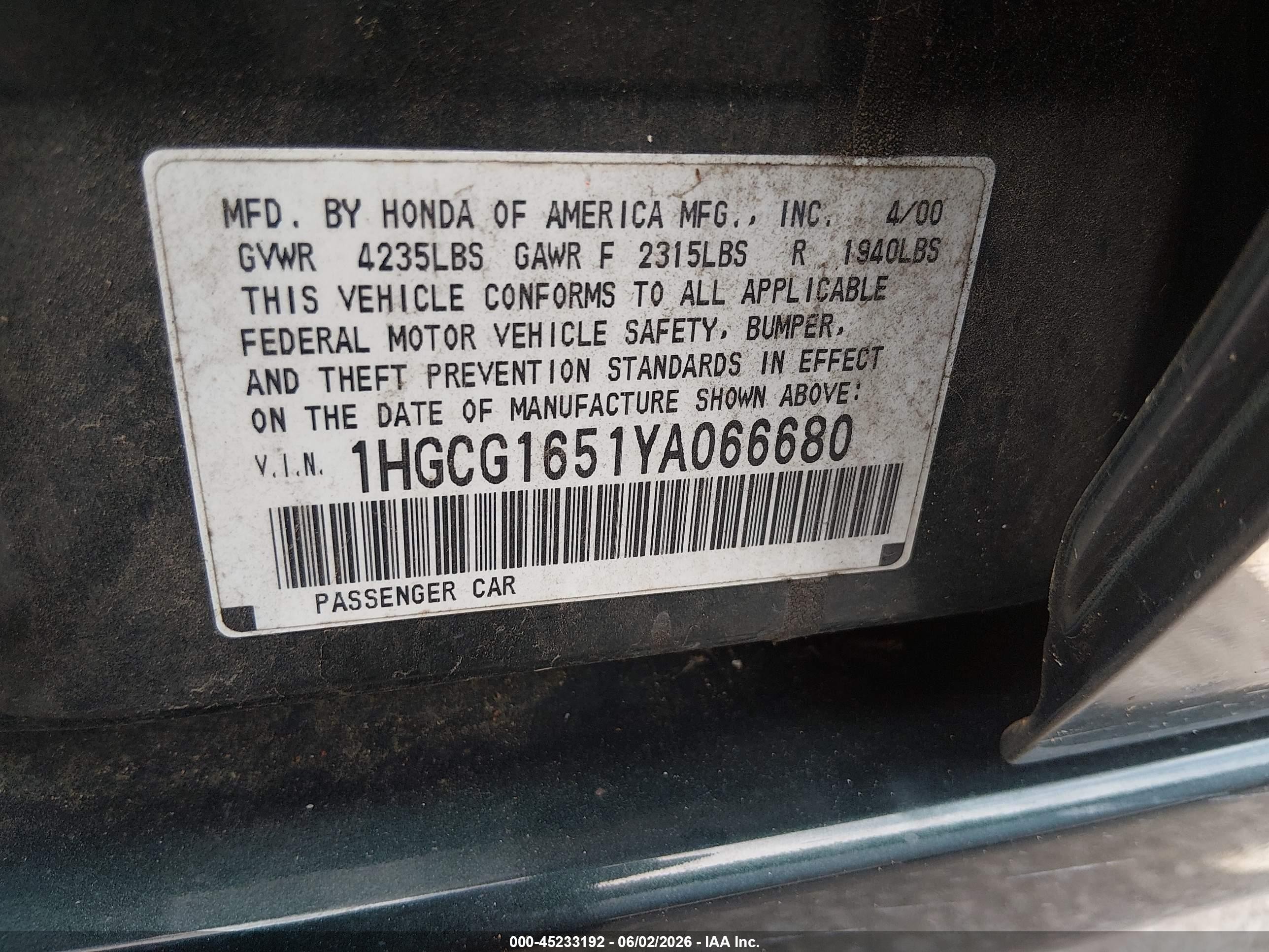 2000 Honda Accord 3.0 Ex Зеленый vin: 1HGCG1651YA066680