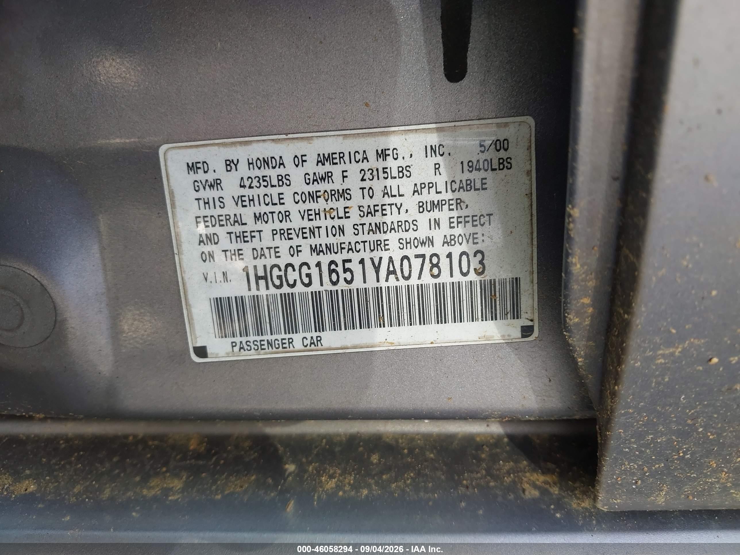 2000 Honda Accord 3.0 Ex Желто-коричневый vin: 1HGCG1651YA078103