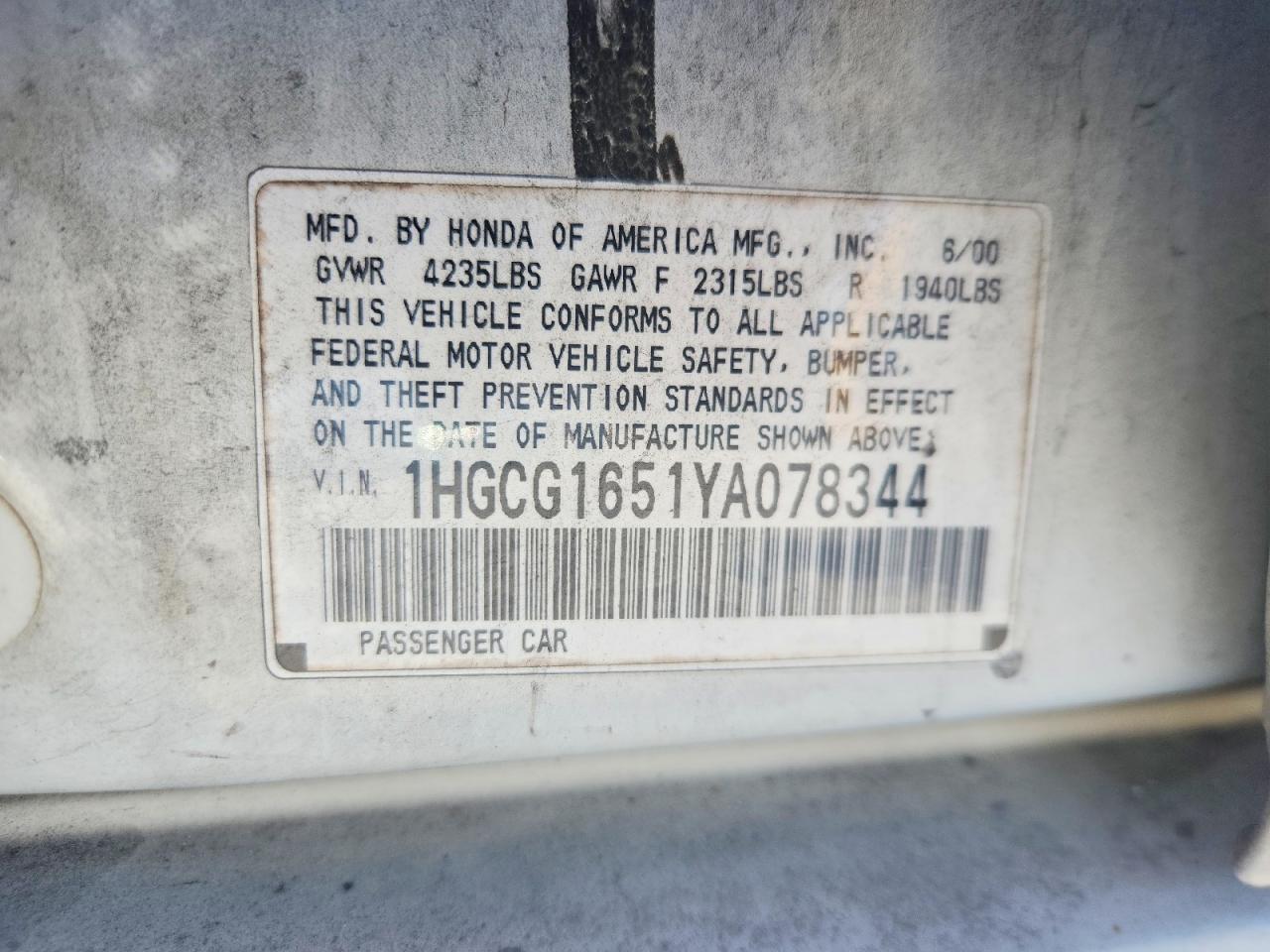 2000 Honda Accord Ex White vin: 1HGCG1651YA078344