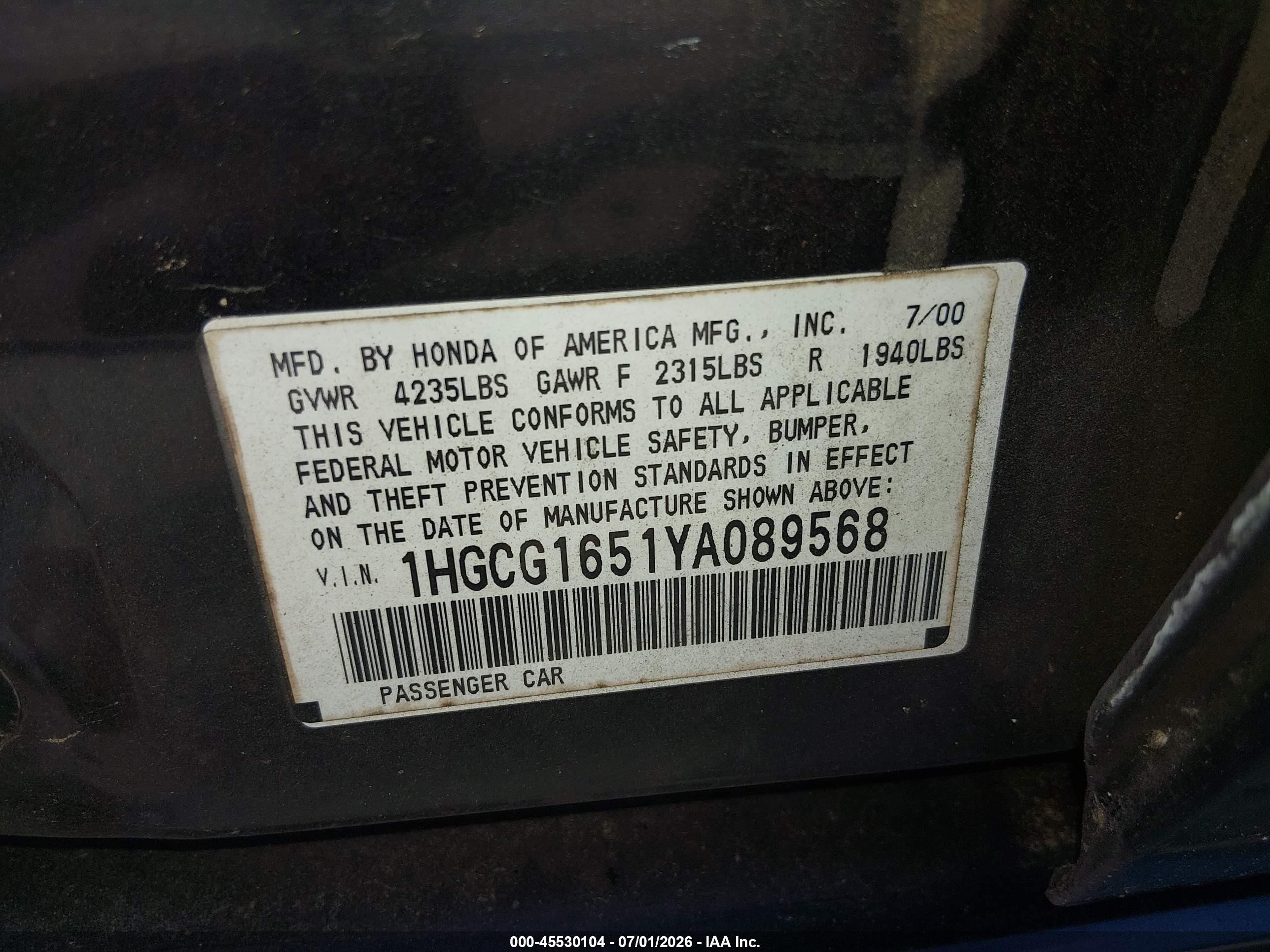 2000 Honda Accord 3.0 Ex Черный vin: 1HGCG1651YA089568