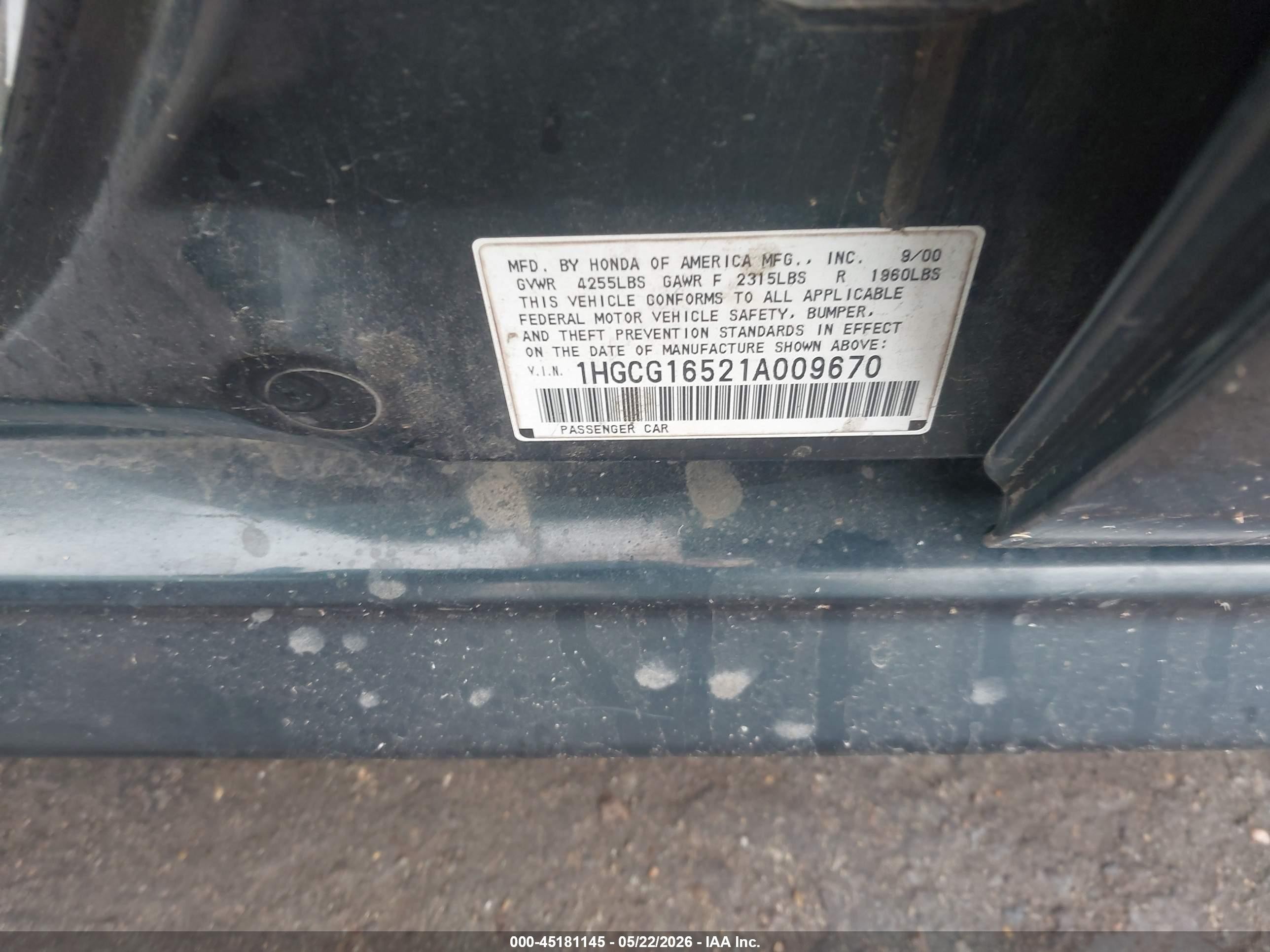 2001 Honda Accord 3.0 Ex Green vin: 1HGCG16521A009670