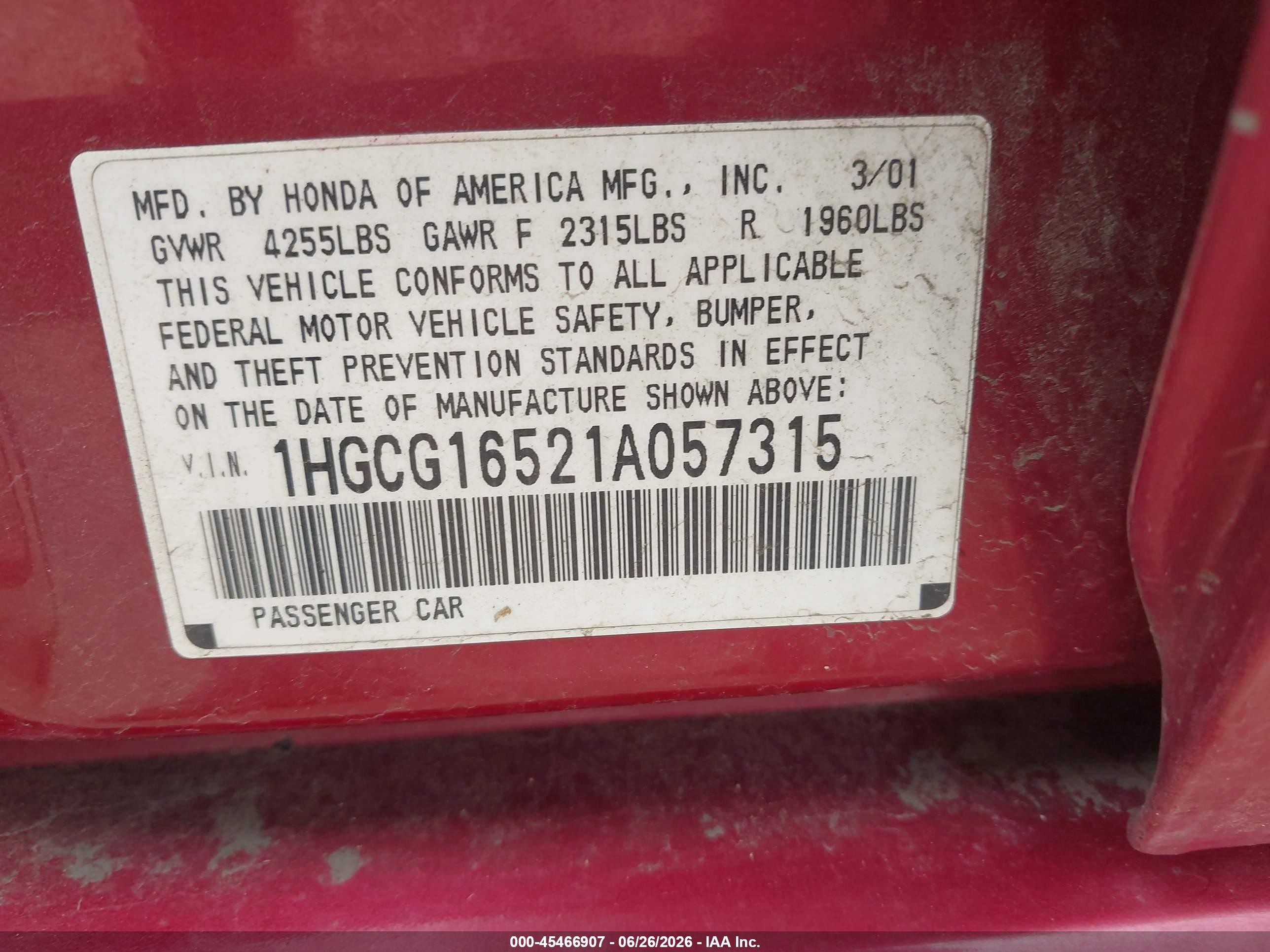 2001 Honda Accord 3.0 Ex Red vin: 1HGCG16521A057315