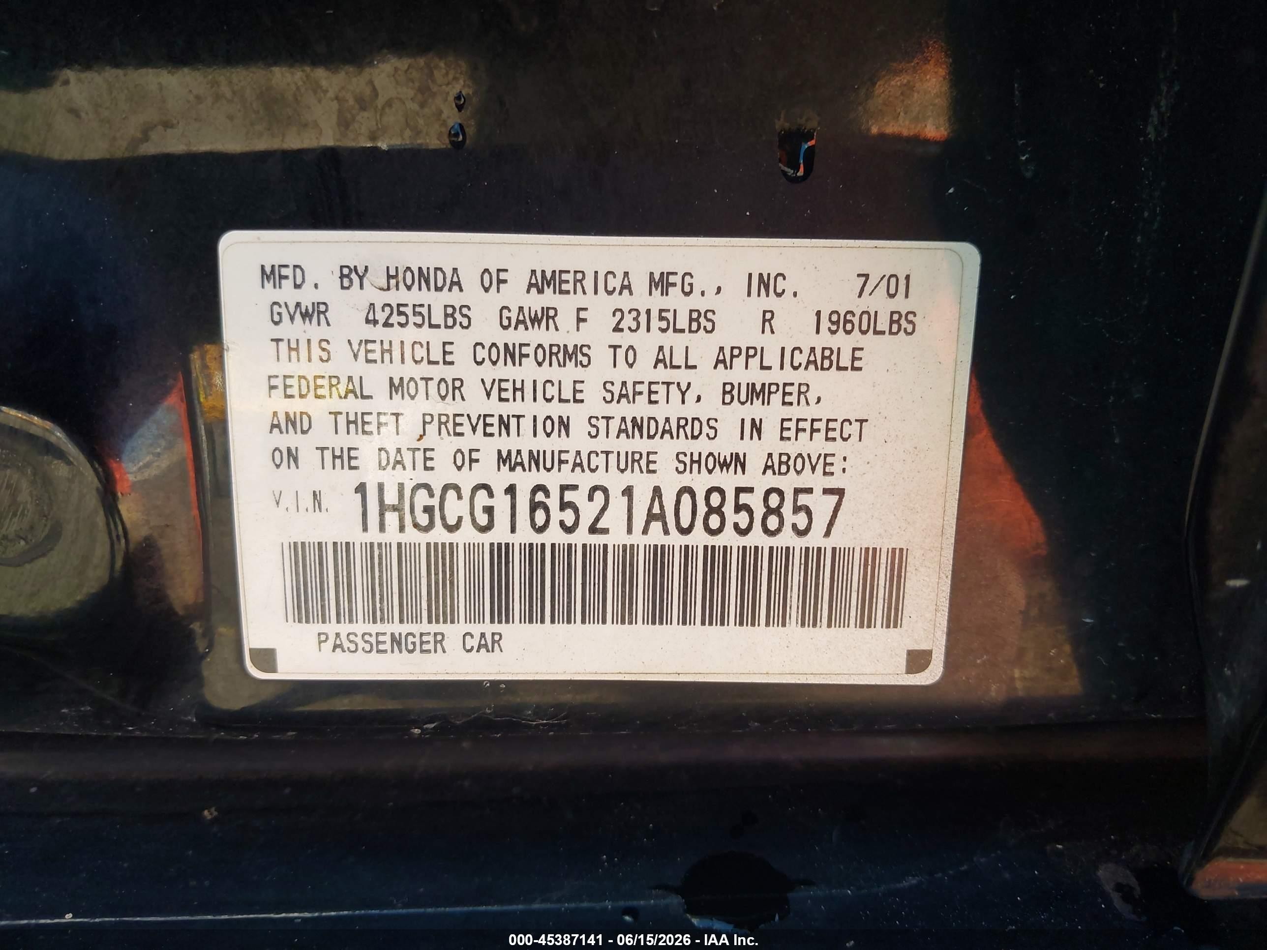 2001 Honda Accord 3.0 Ex Black vin: 1HGCG16521A085857