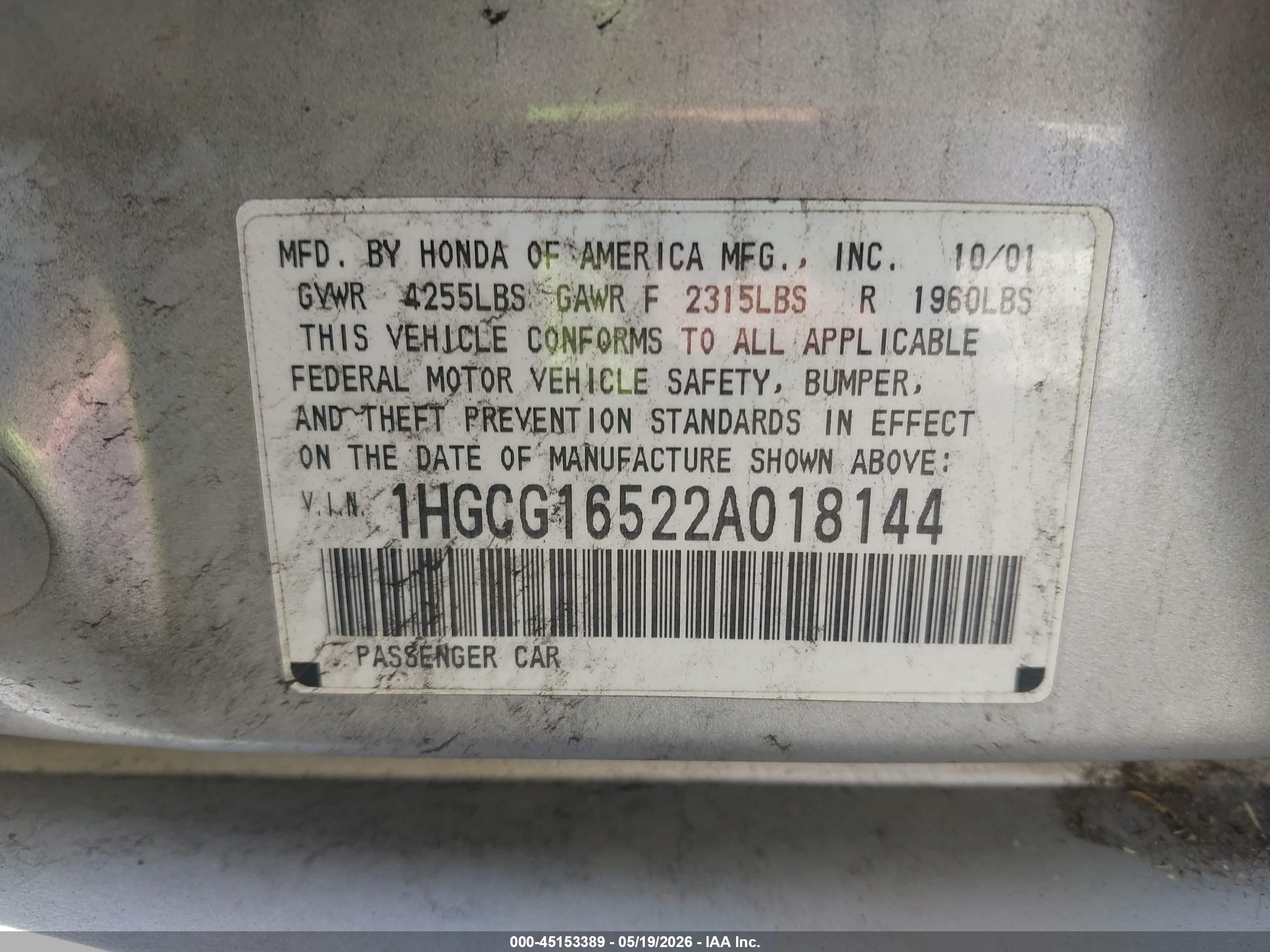 2002 Honda Accord 3.0 Ex Silver vin: 1HGCG16522A018144