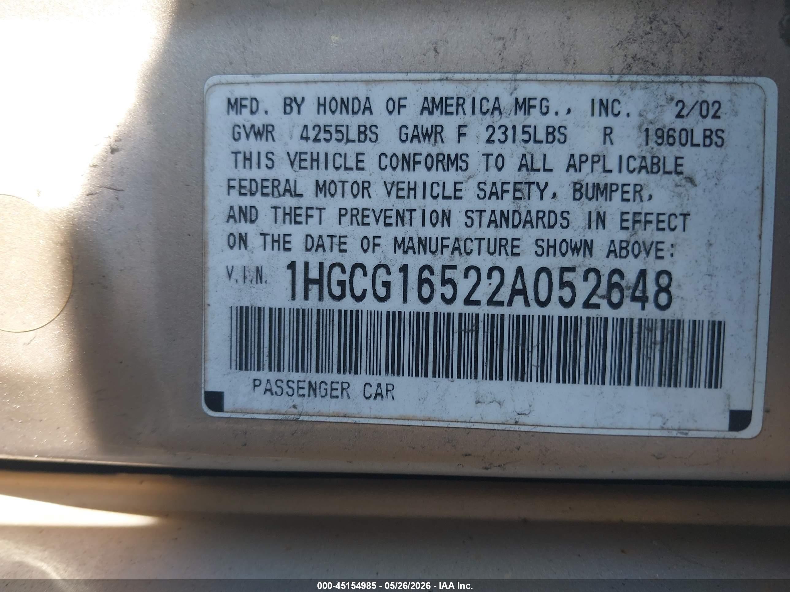 2002 Honda Accord 3.0 Ex Желто-коричневый vin: 1HGCG16522A052648