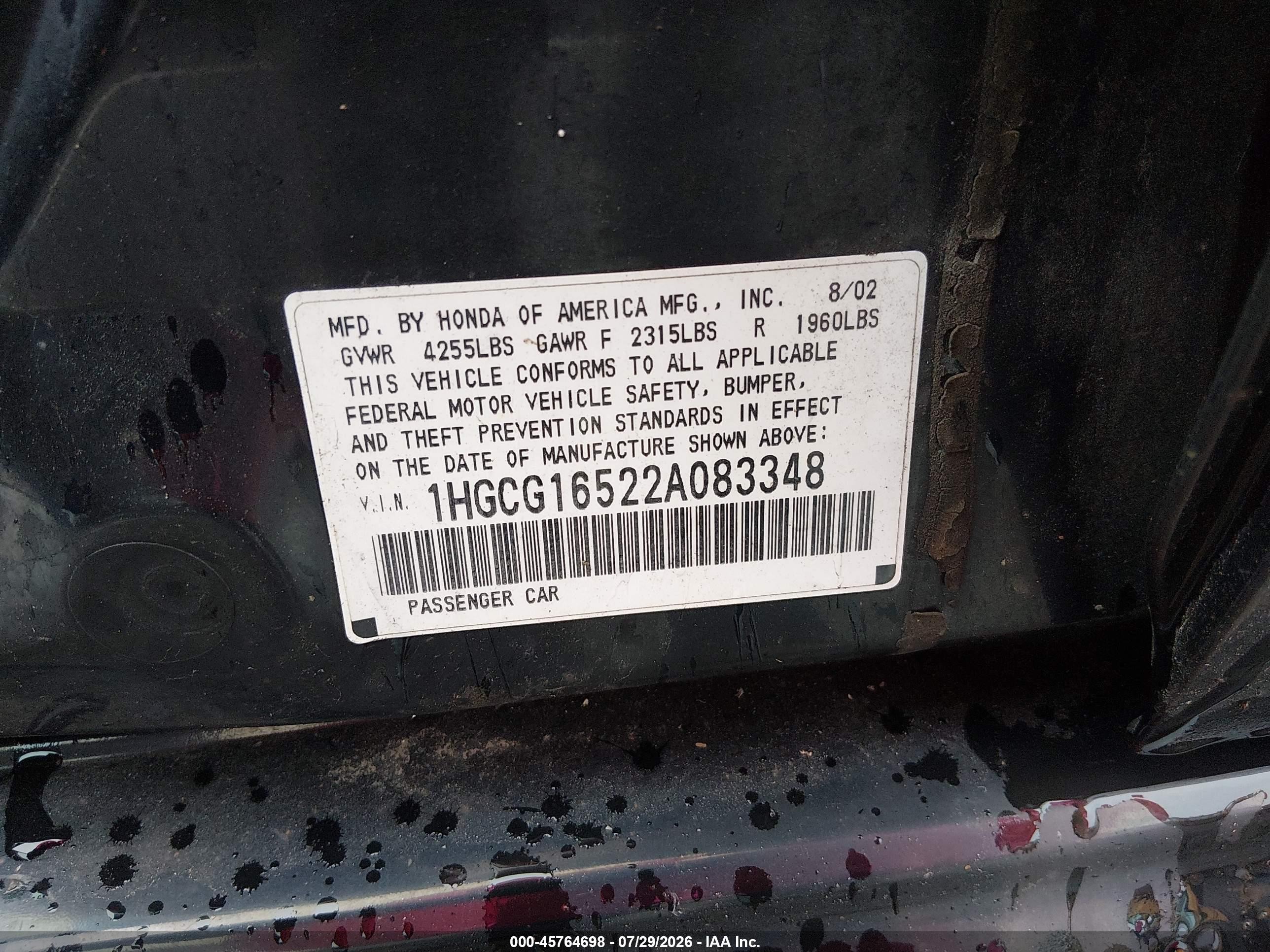 2002 Honda Accord 3.0 Ex Black vin: 1HGCG16522A083348