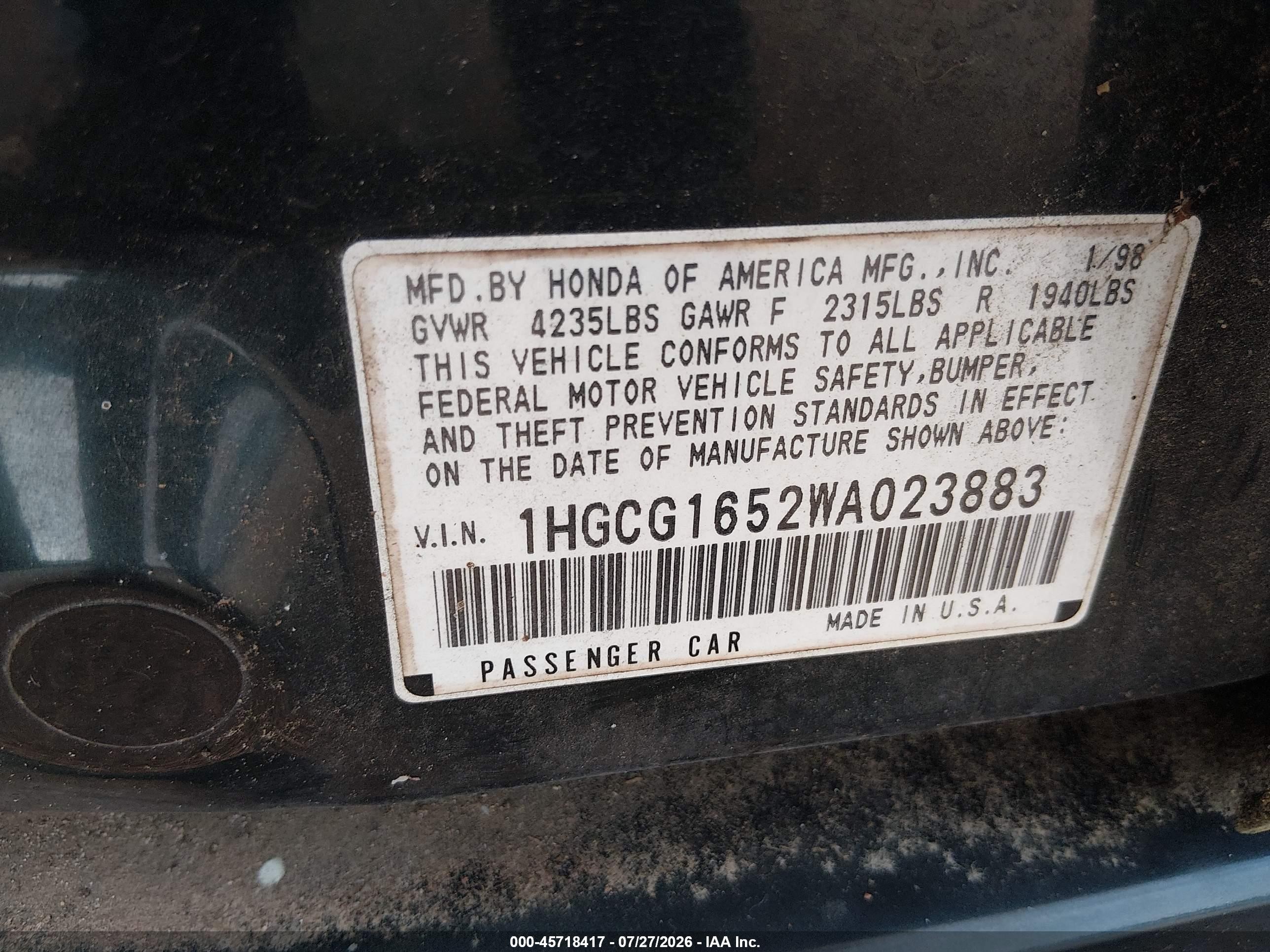 1998 Honda Accord Ex V6 Green vin: 1HGCG1652WA023883