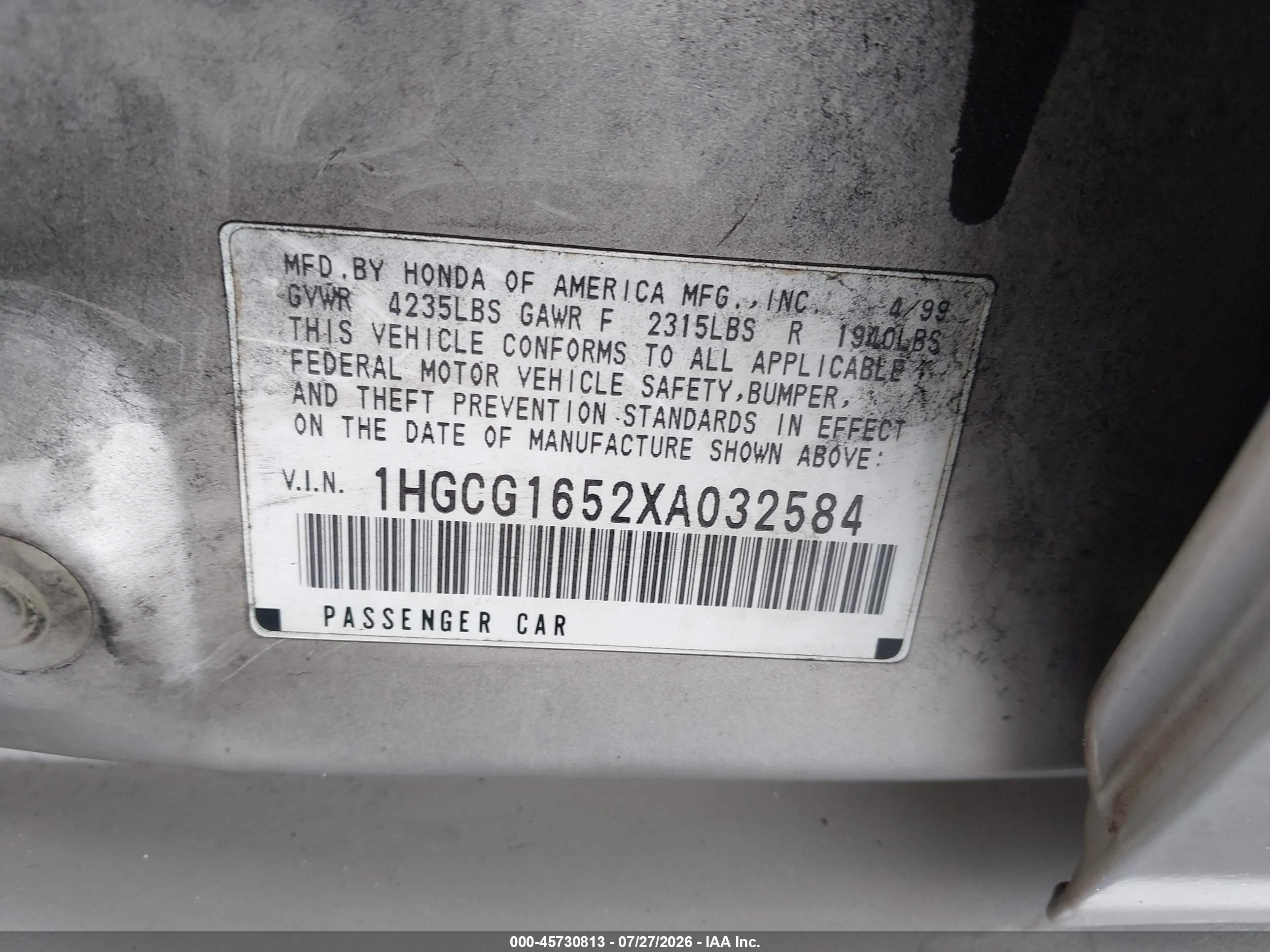 1999 Honda Accord Ex V6 Серебряный vin: 1HGCG1652XA032584