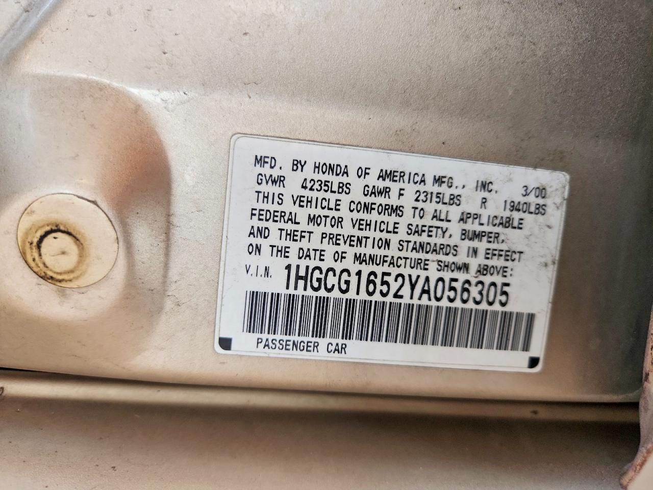 2000 Honda Accord Ex Gold vin: 1HGCG1652YA056305