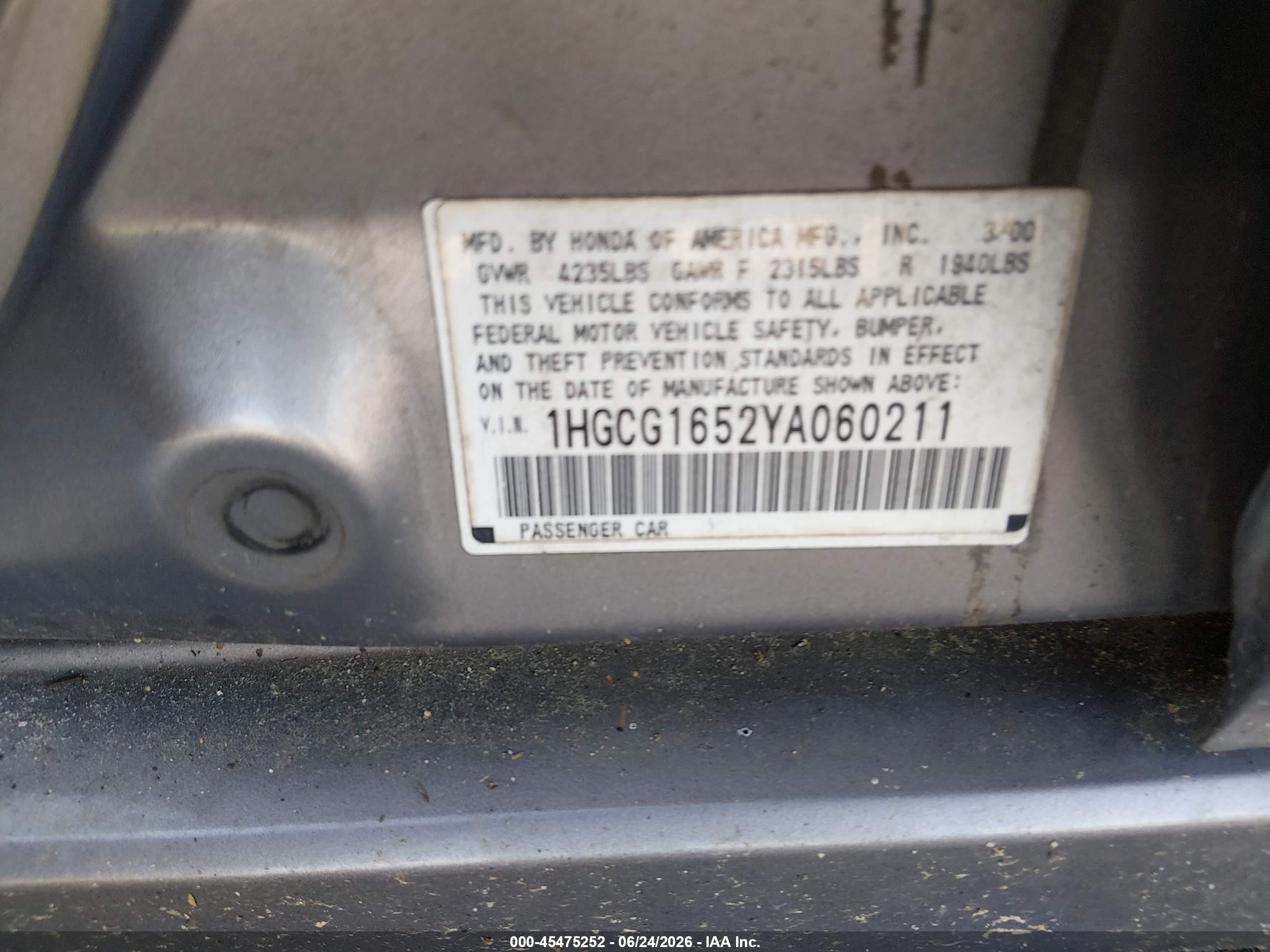 2000 Honda Accord 3.0 Ex Gray vin: 1HGCG1652YA060211