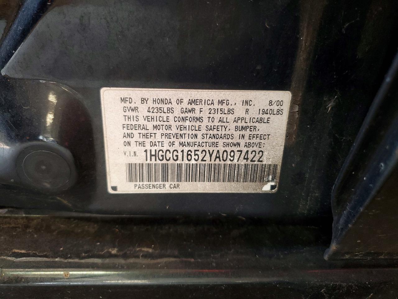 2000 Honda Accord Ex Black vin: 1HGCG1652YA097422