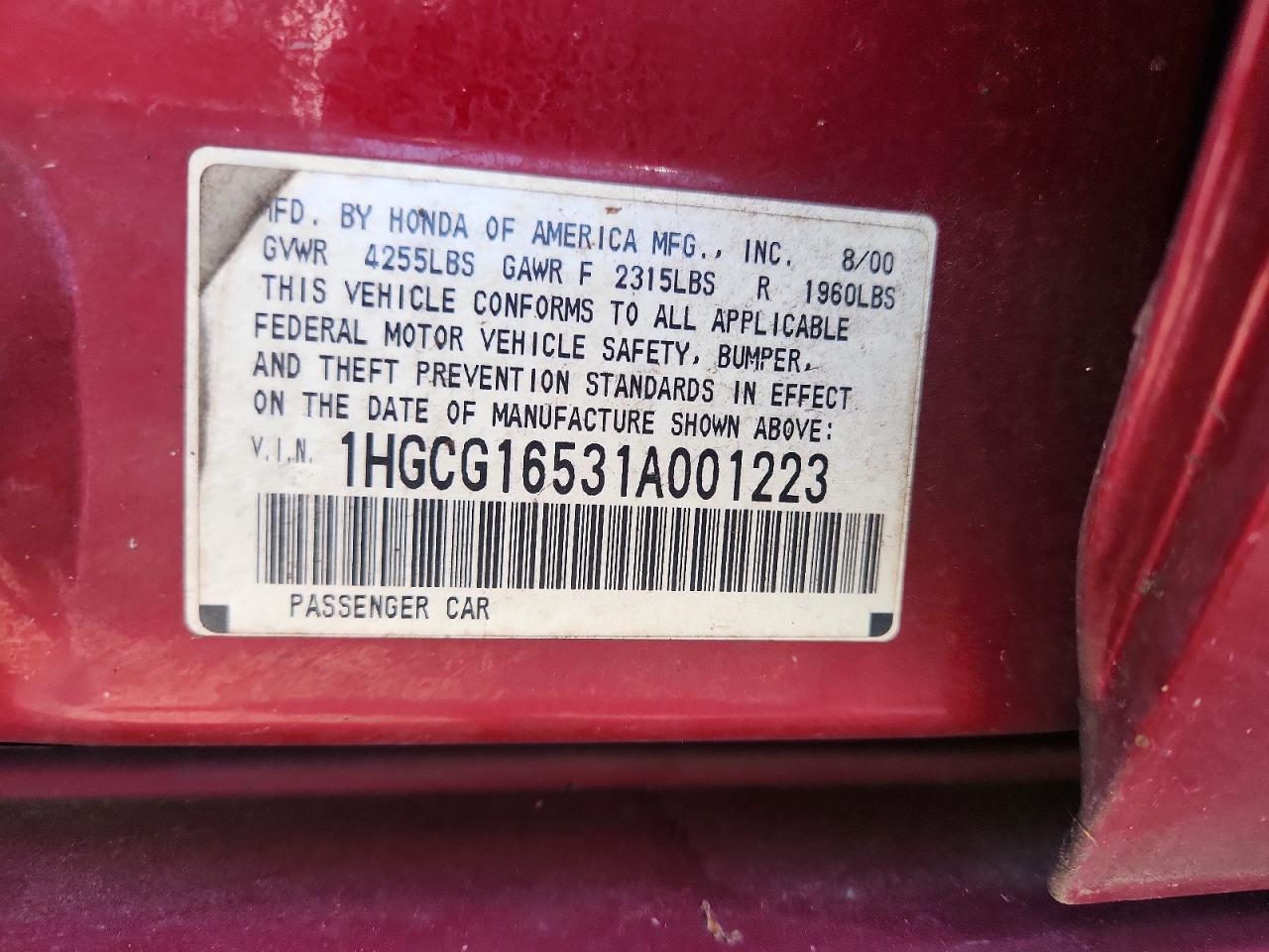 2001 Honda Accord Ex Burgundy vin: 1HGCG16531A001223