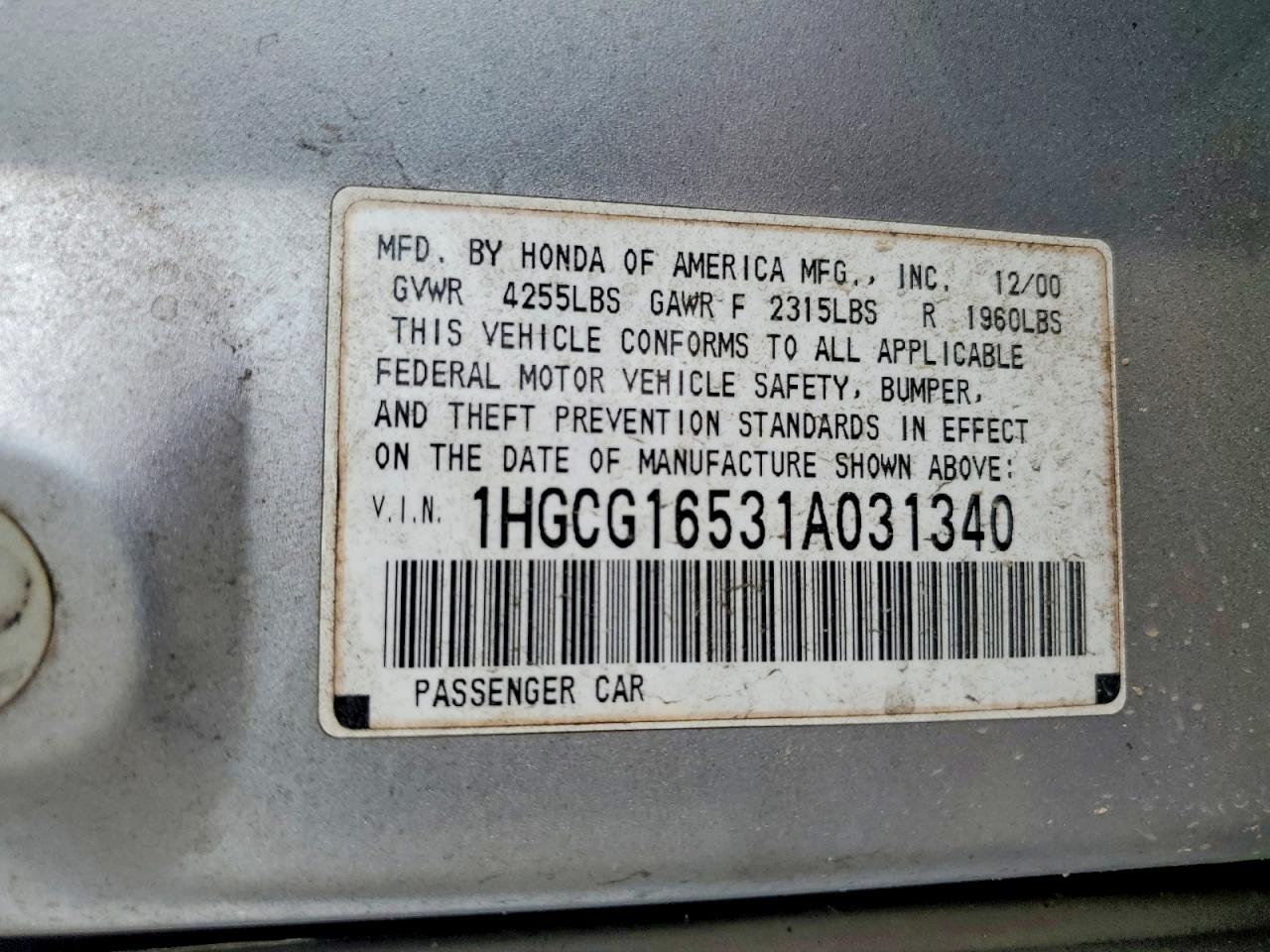 2001 Honda Accord Ex Silver vin: 1HGCG16531A031340