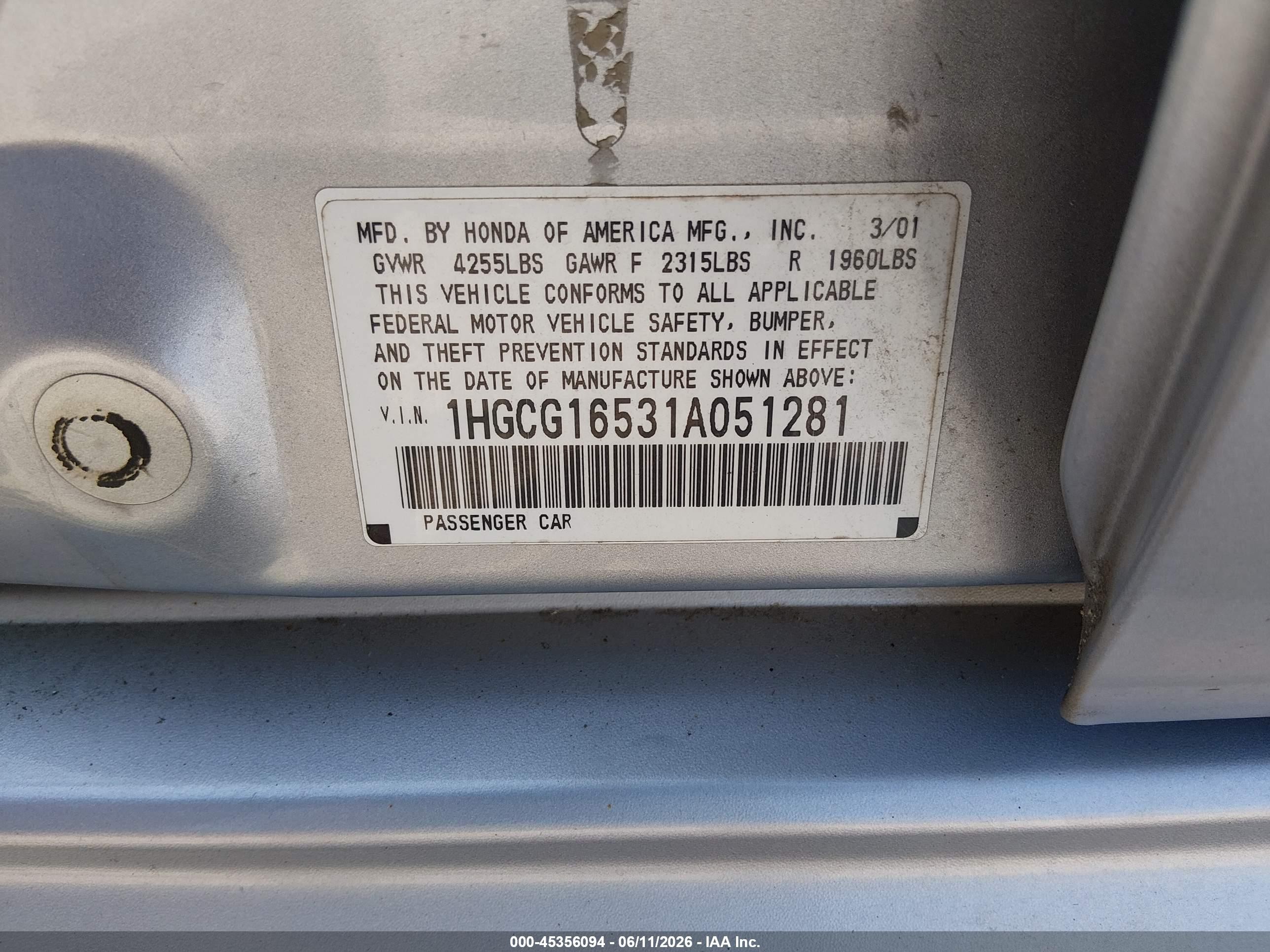 2001 Honda Accord 3.0 Ex Silver vin: 1HGCG16531A051281