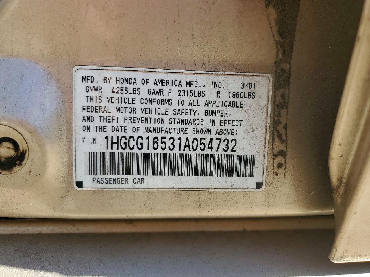 2001 Honda Accord Ex Tan vin: 1HGCG16531A054732