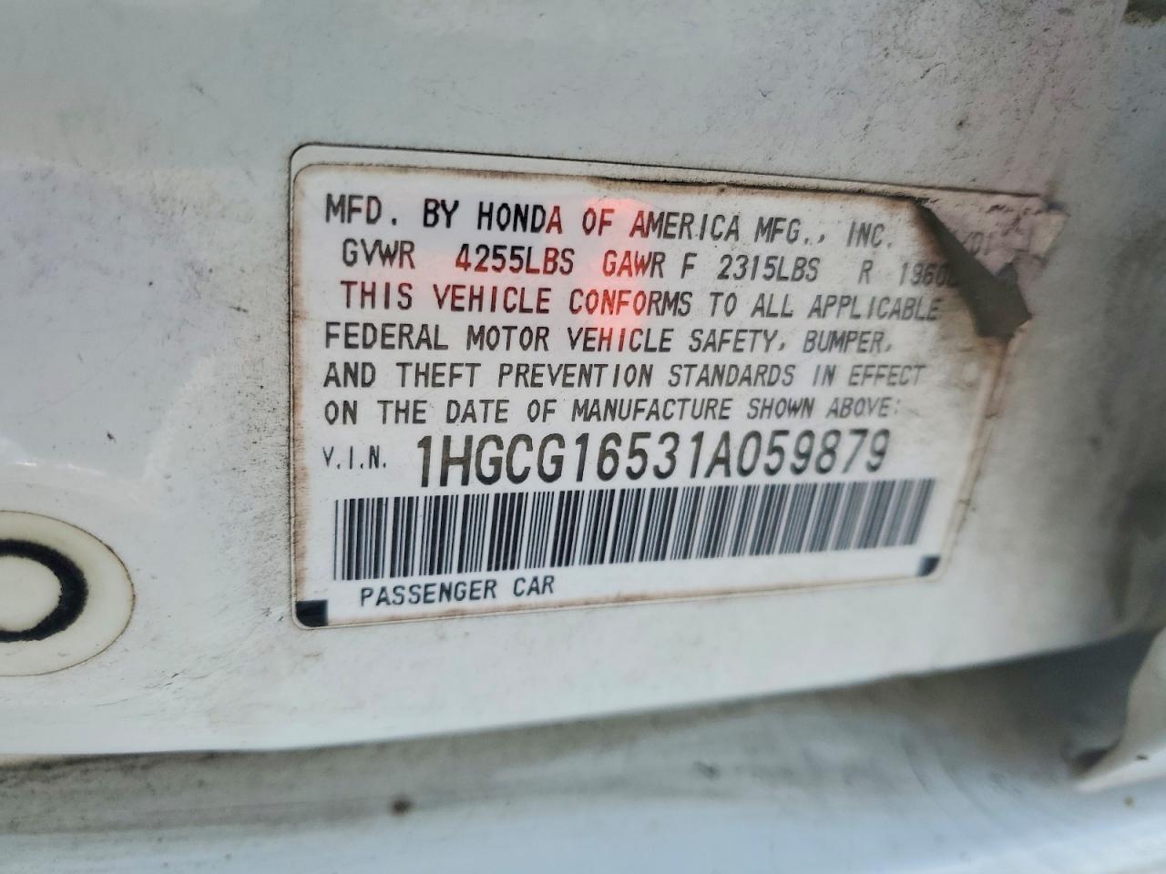 2001 Honda Accord Ex White vin: 1HGCG16531A059879