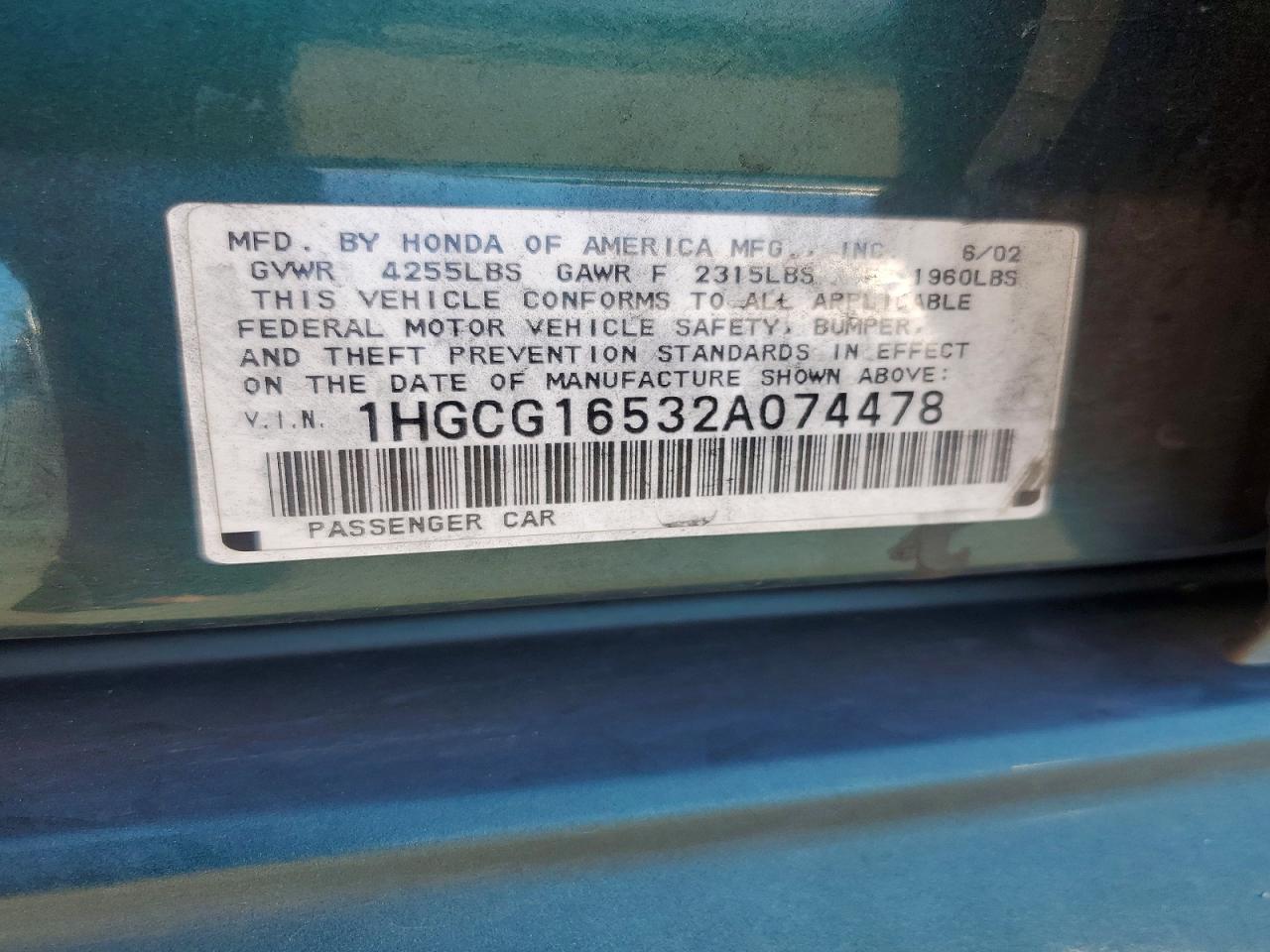 2002 Honda Accord Ex Зеленый vin: 1HGCG16532A074478