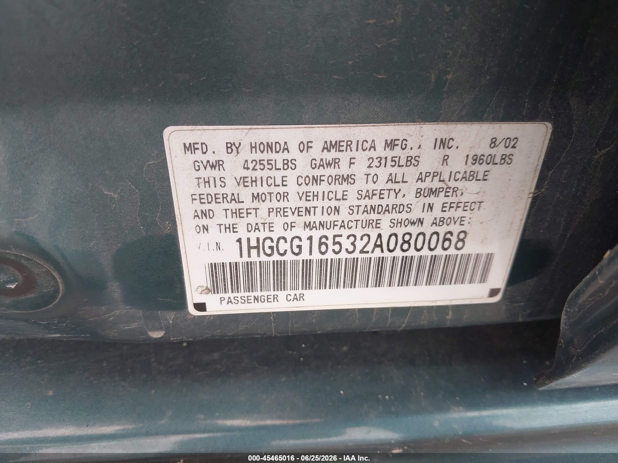 2002 Honda Accord 3.0 Ex Green vin: 1HGCG16532A080068