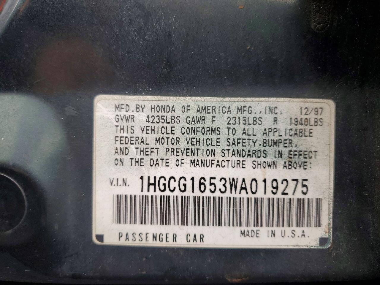 1998 Honda Accord Ex Green vin: 1HGCG1653WA019275