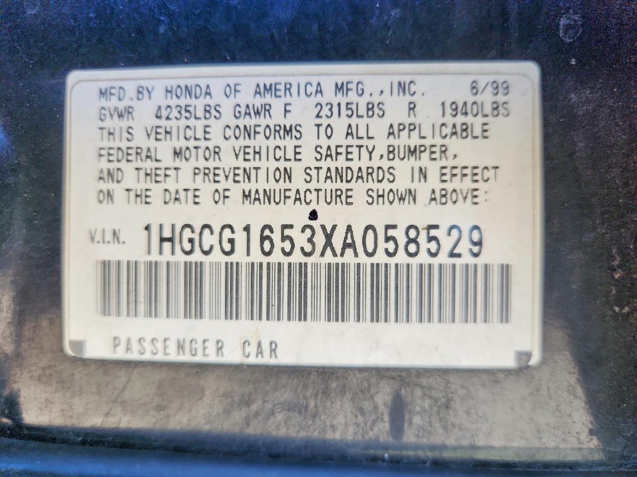 1999 Honda Accord Ex Black vin: 1HGCG1653XA058529