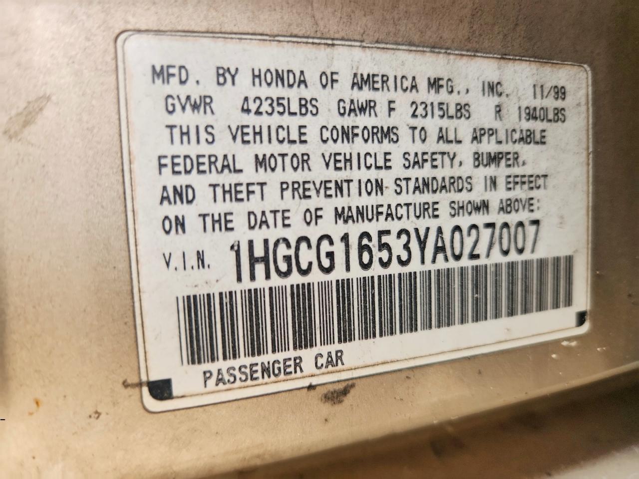 2000 Honda Accord Ex Gold vin: 1HGCG1653YA027007